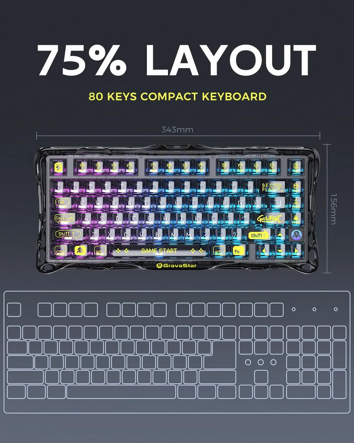 GravaStar Mercury K1 Lite Klawiatura Bezprzewodowa, 75% RGB Wymiana na gorąco Klawiatura Niestandardowa, Wstępnie Nasmarowane Przełączniki Liniowe Klawiatura Mechaniczna, Przezroczysty Czarny