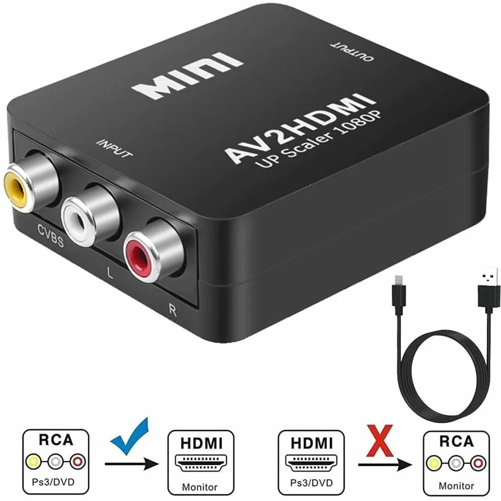 konwerter RCA na HDMI, konwerter wideo 1080P RCA Composite CVBS AV na HDMI, adapter audio-wideo dla PS2/Xbox/SNES/VHS/VCR magnetowidów DVD, obsługuje PAL/NTSC z kablem zasilającym USB