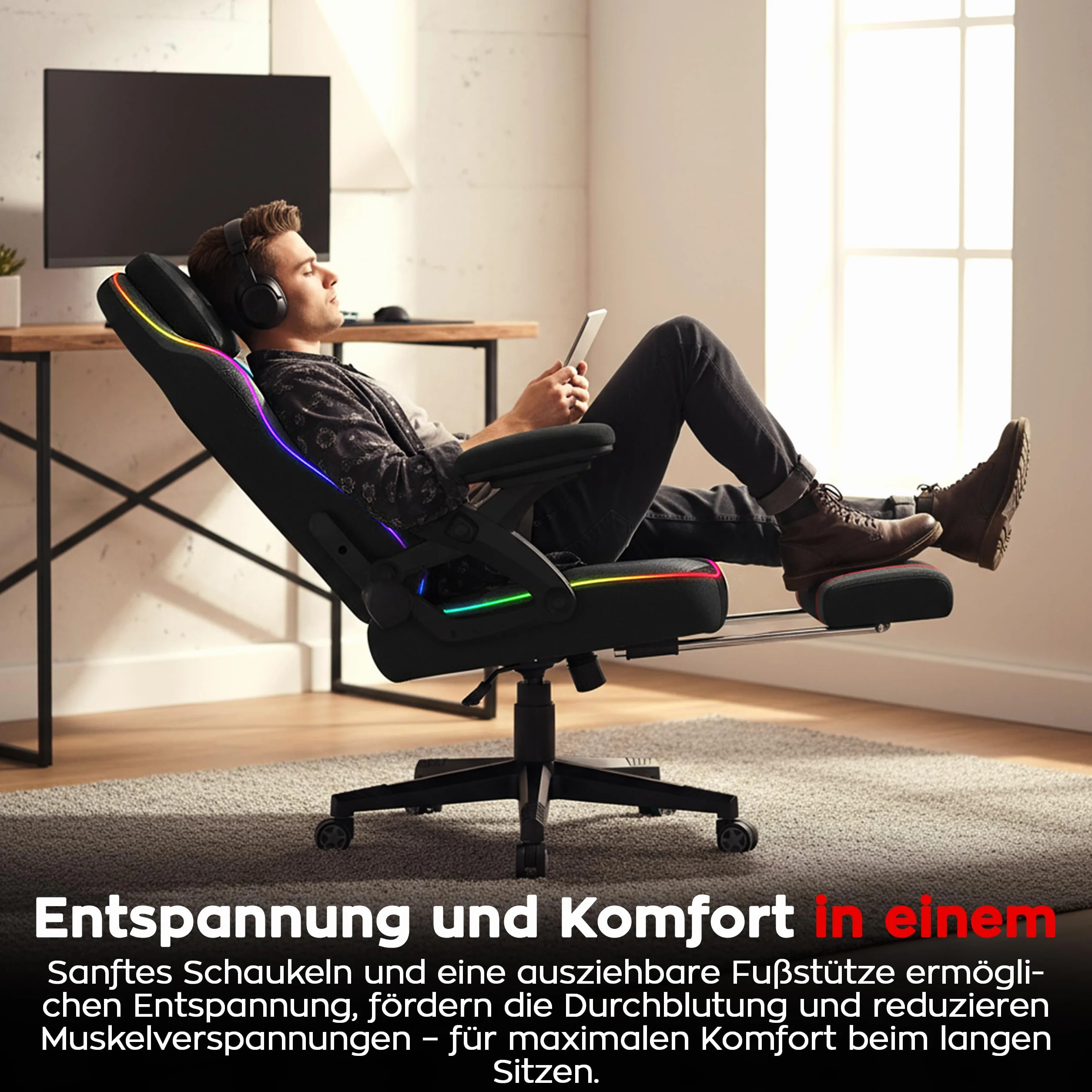 huzaro Force 4.6 RGB Black Mesh krzesło gamingowe LED, ergonomiczne, synchronizacja muzyki, podnóżek, funkcja przechylania, regulowany zagłówek, obciążenie 130 kg, materiał, kolor czarny