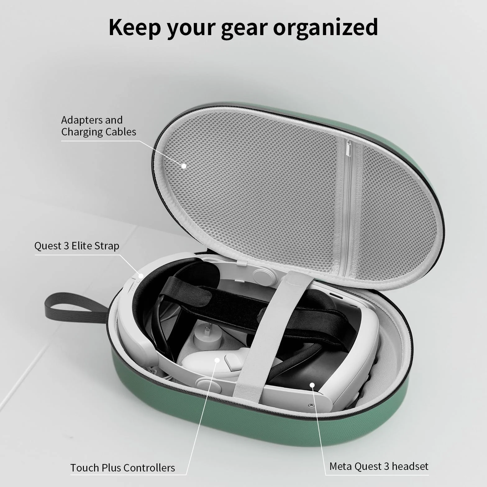 Torba do Meta Quest 3S/3, kompatybilna z Battery Elite Strap, kontrolerami i innymi akcesoriami, twarde etui z doskonałą ochroną podczas podróży, zielony, Stylowy