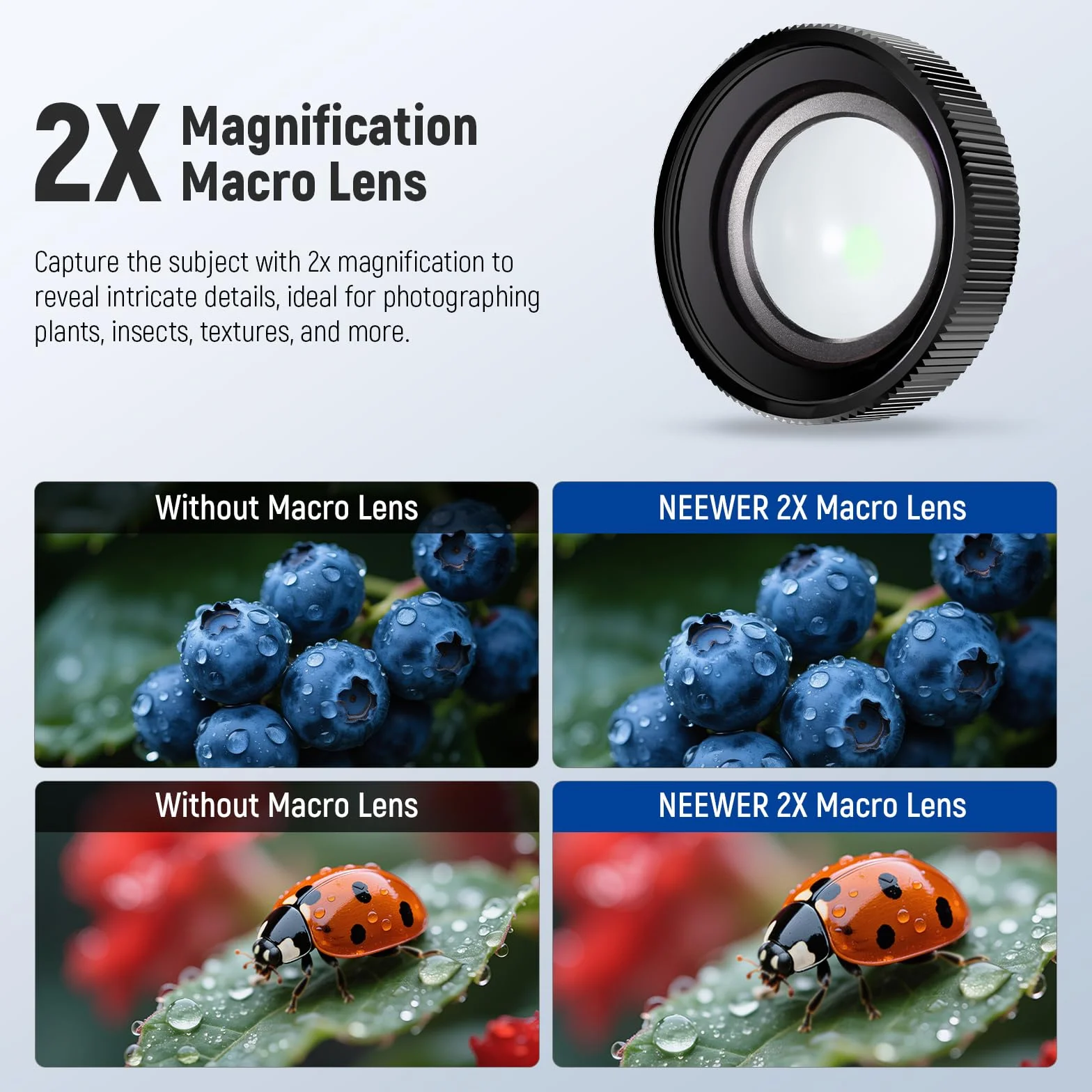 NEEWER Obiektyw makro kompatybilny z kamerą DJI Osmo Action 5 Pro/4, powiększenie 2x, 2 elementy w 1 grupie, odległość ogniskowa 3-4 cm, akcesorium do fotografii z bliska, niewodoodporny, LS-68