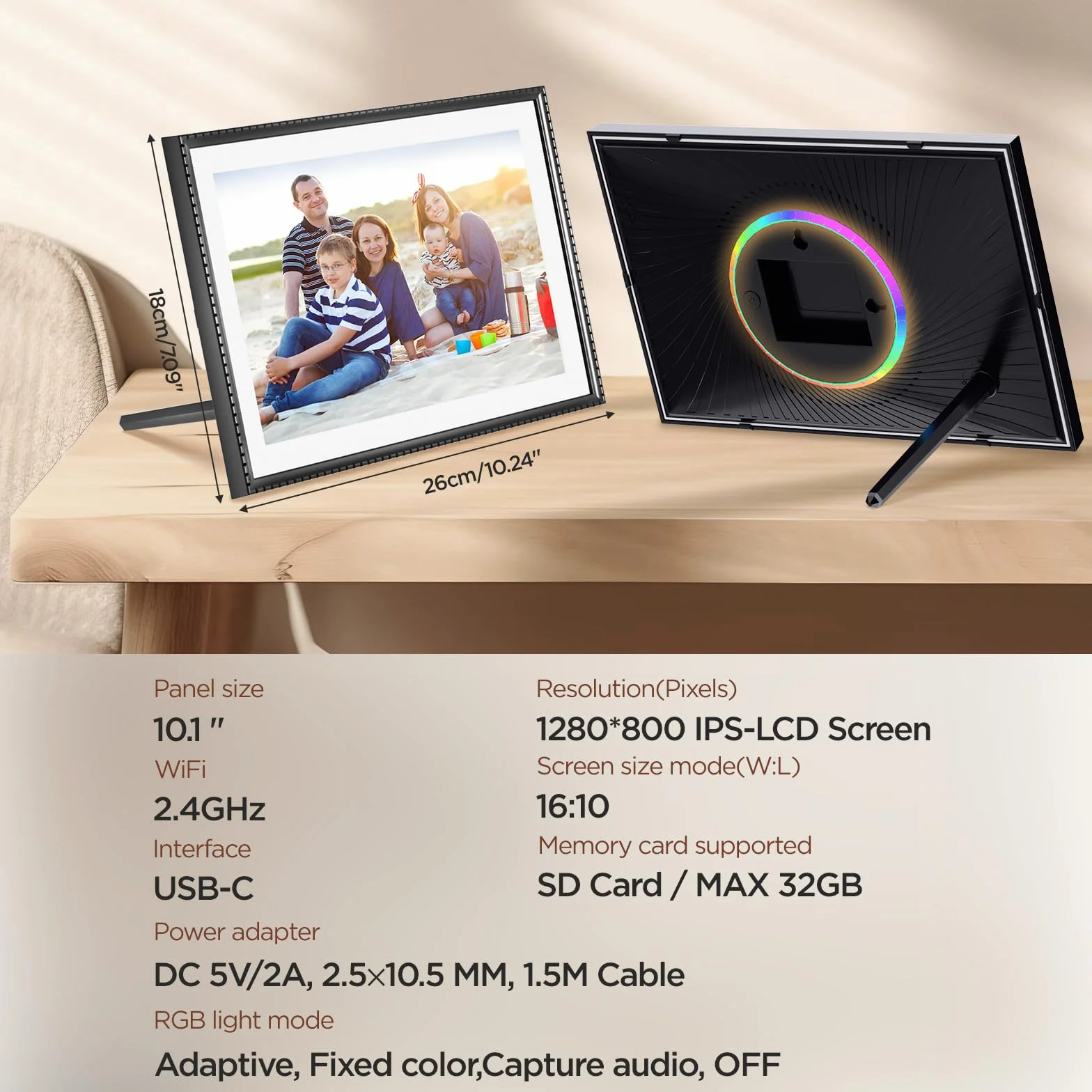 Cyfrowa ramka na zdjęcia 10,1-calowa WiFi, HD 1280 x 800 IPS ekran dotykowy, elektroniczna ramka na zdjęcia z pamięcią 32 GB, automatyczne obracanie, łatwe przesyłanie zdjęć i filmów za pomocą