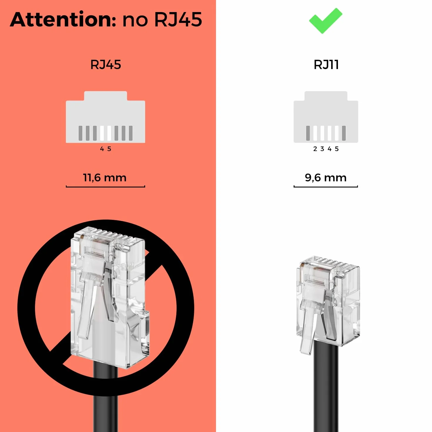 deleyCON 6m Kabel Telefoniczny TAE-F Wtyk do RJ11 Wtyk Int. Standard 6P4C Płaski Kabel Analogowe Urządzenia Końcowe do TAE-F Gniazdo Telefoniczne Telefon Faks Modem Router Czarny