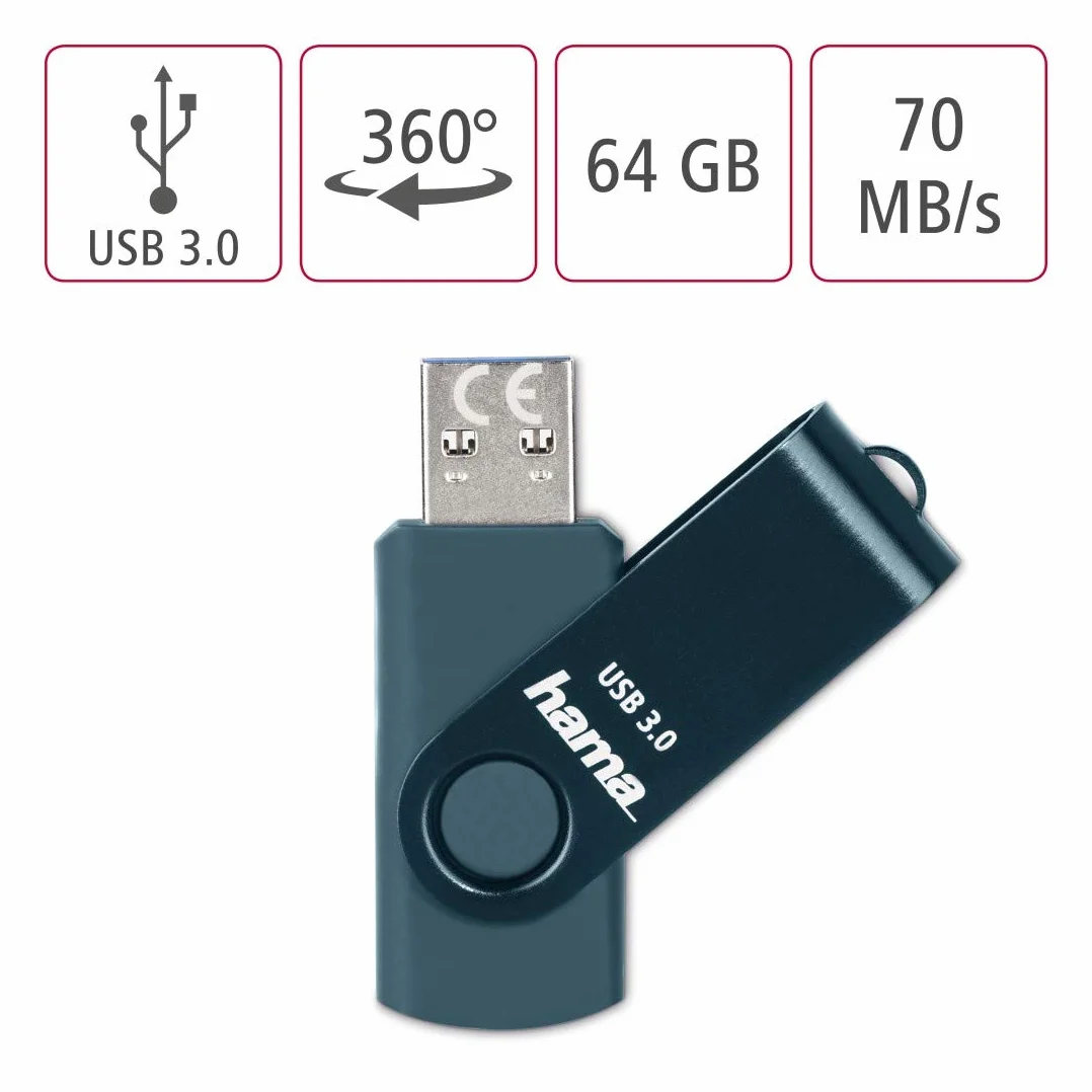 Hama pendrive dysk USB A 3.0 (64 GB, 64GB, pamięć flash, 70 MB/s, metalowy, przenośny, zewnętrzny) niebieski