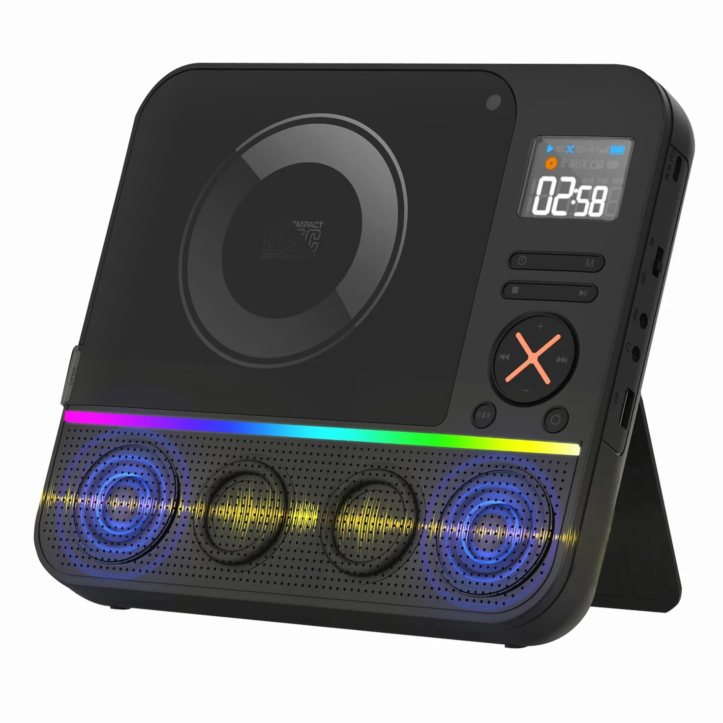 Przenośny odtwarzacz CD Bluetooth, Boombox, stacjonarny odtwarzacz CD z radiem FM Bluetooth i wyświetlaczem LED RGB z podwójnym wbudowanym głośnikiem, kompatybilny z USB/AUX do domowych przenośnych