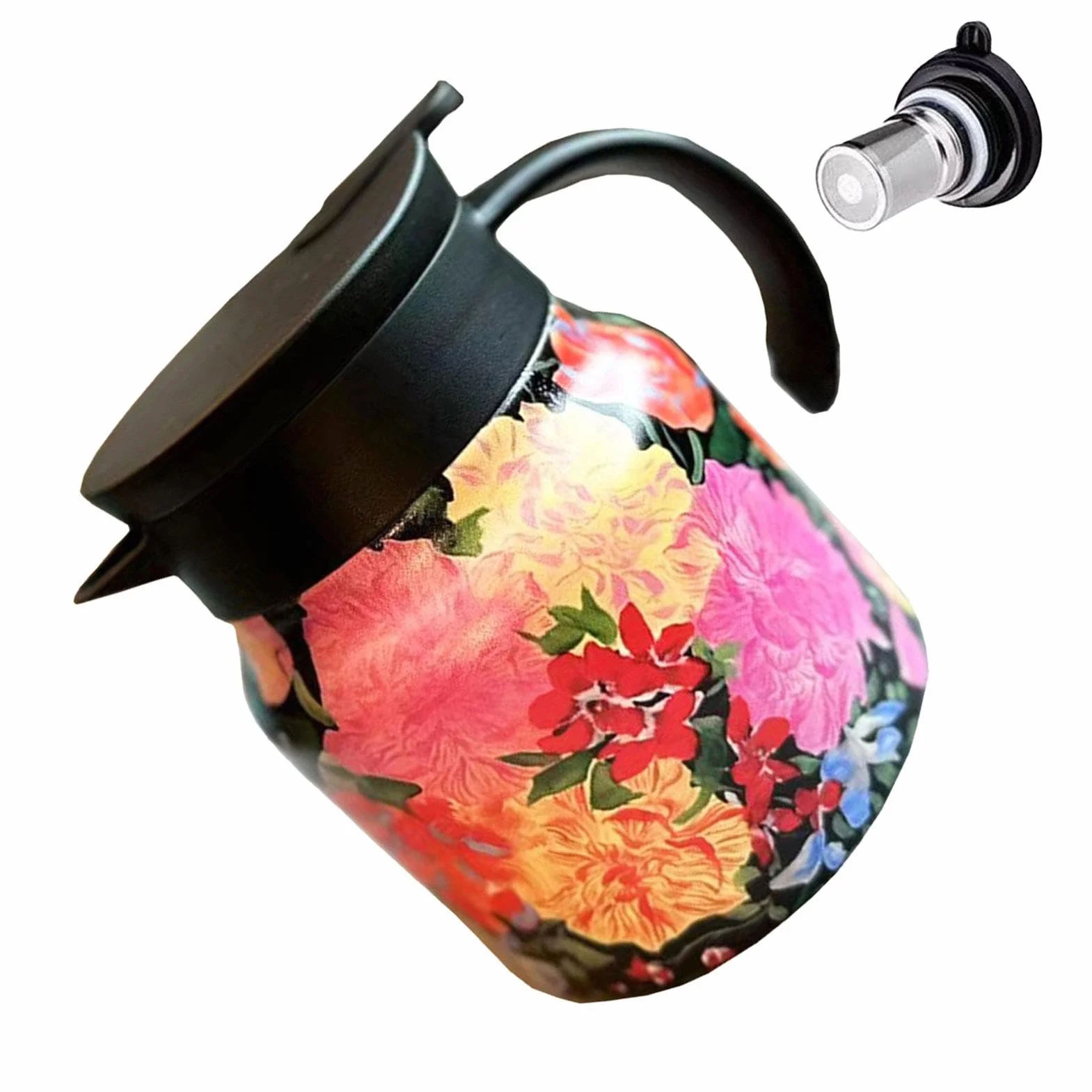 Termo do herbaty z zaparzaczem – 800 ml, termiczny dzbanek do herbaty, izolowany czajniczek z kwiatowym wzorem, czajnik zatrzymujący ciepło, próżniowy garnek termiczny ze stali nierdzewnej do
