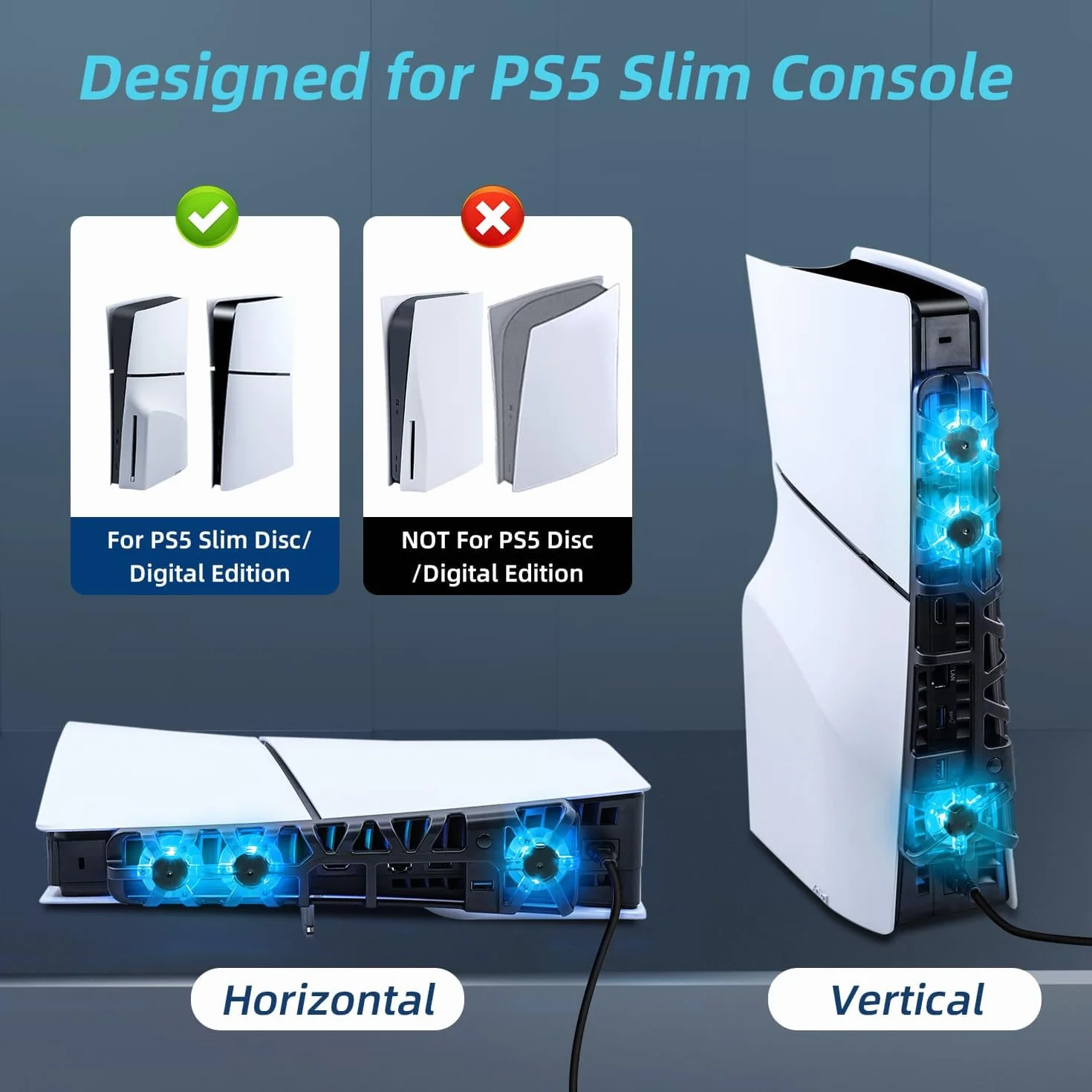 Wentylator chłodzący PS5 Slim z kolorowym światłem LED, cichy wentylator z regulacją temperatury do konsoli PS5 Slim DE/UHD, 3 tryby - czarny - nie dla PS5/PS5 Pro