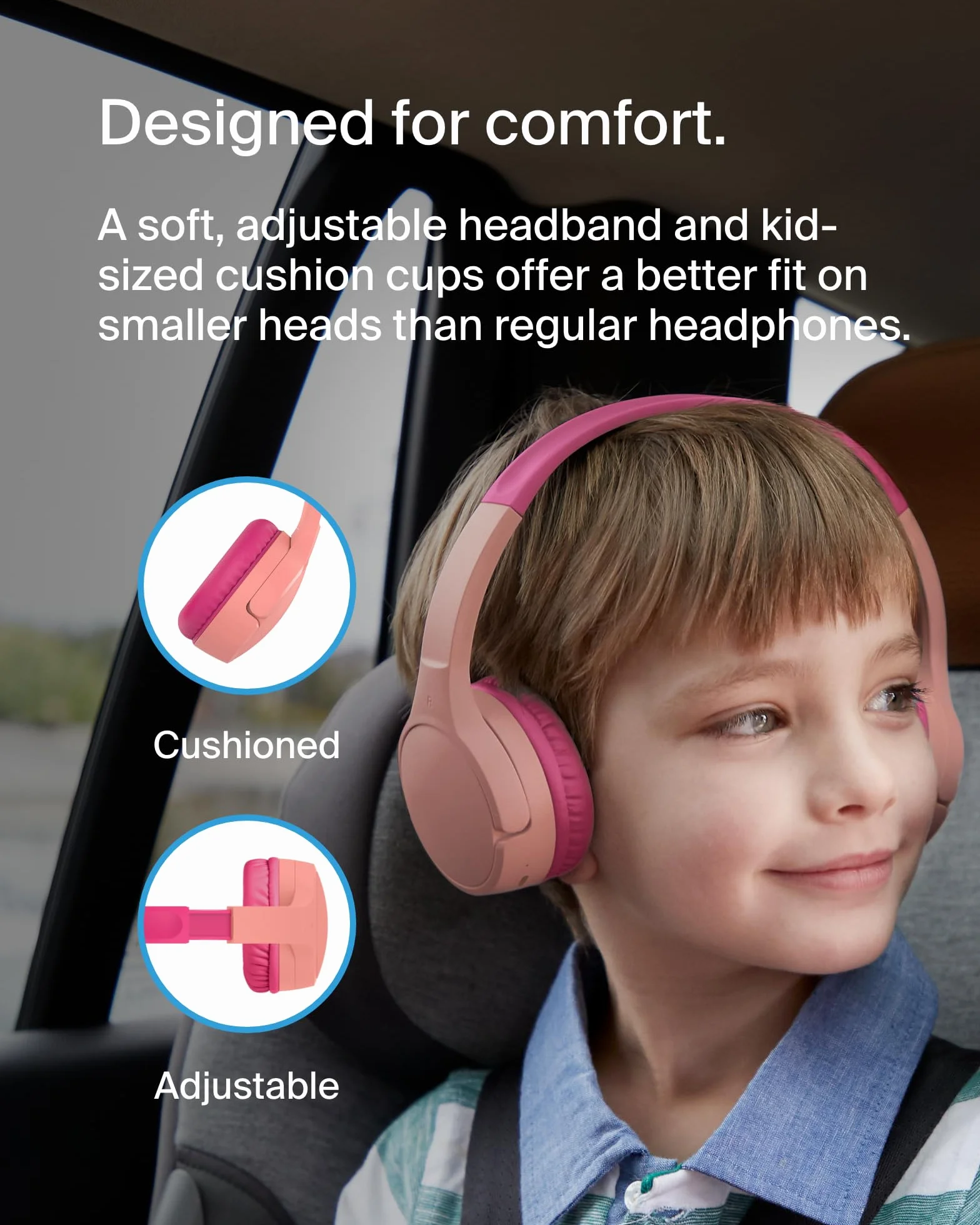 Bezprzewodowe słuchawki dla dzieci Belkin SoundForm Mini, wbudowany mikrofon, 30 h odtwarzania, z naklejkami – nauszne słuchawki do nauki zdalnej, szkoły, podróży, iPhone'a, iPada, Galaxy – różowe