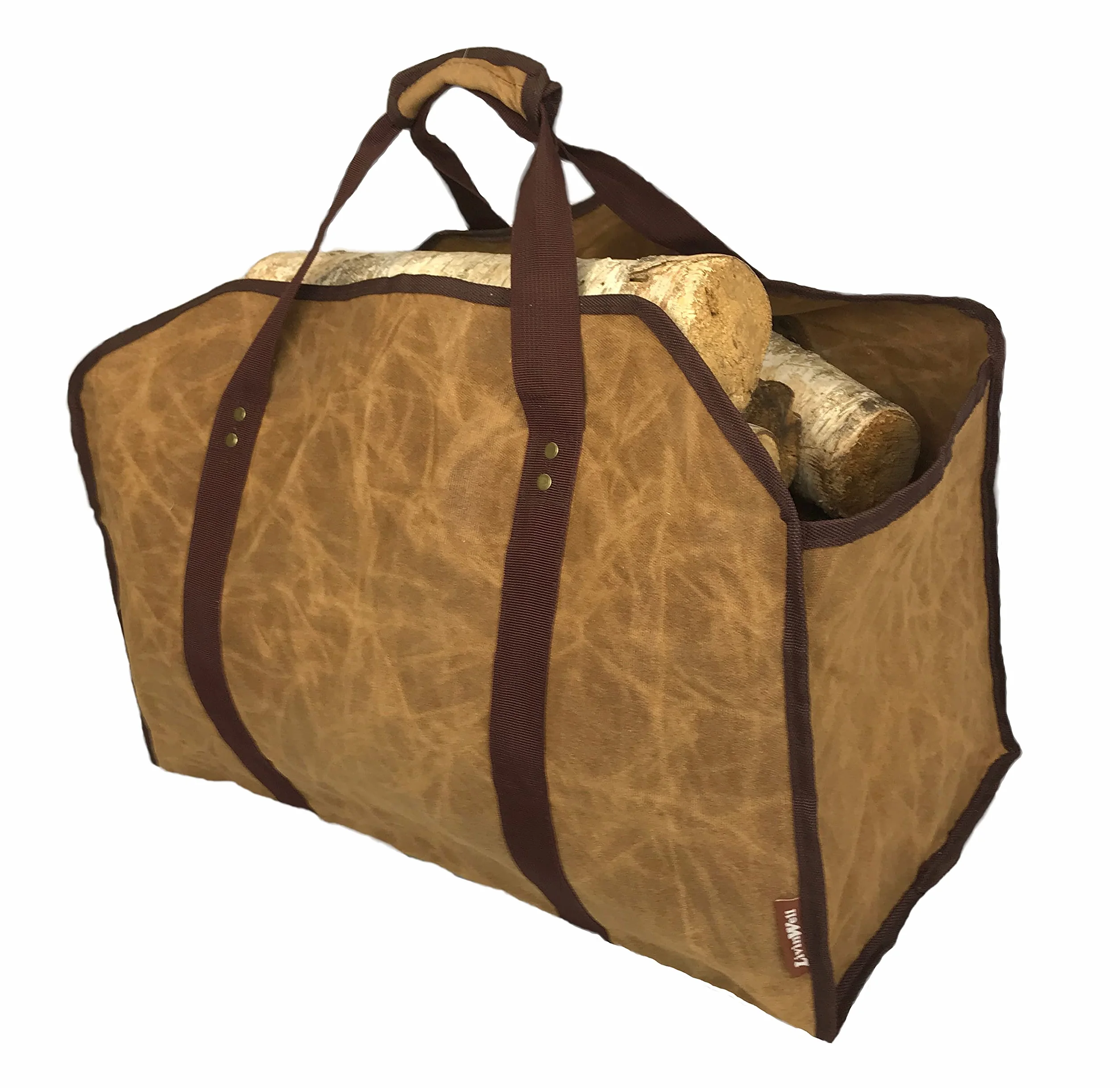 LivinWell Firewood Carrier Fire Wood Log Carry Bag Closed End Tote Stands Up for Easy Loading Heavy Duty Large Carrying Waxed Canvas Holder Basket Strong Straps Woodstove Fireplace Decor