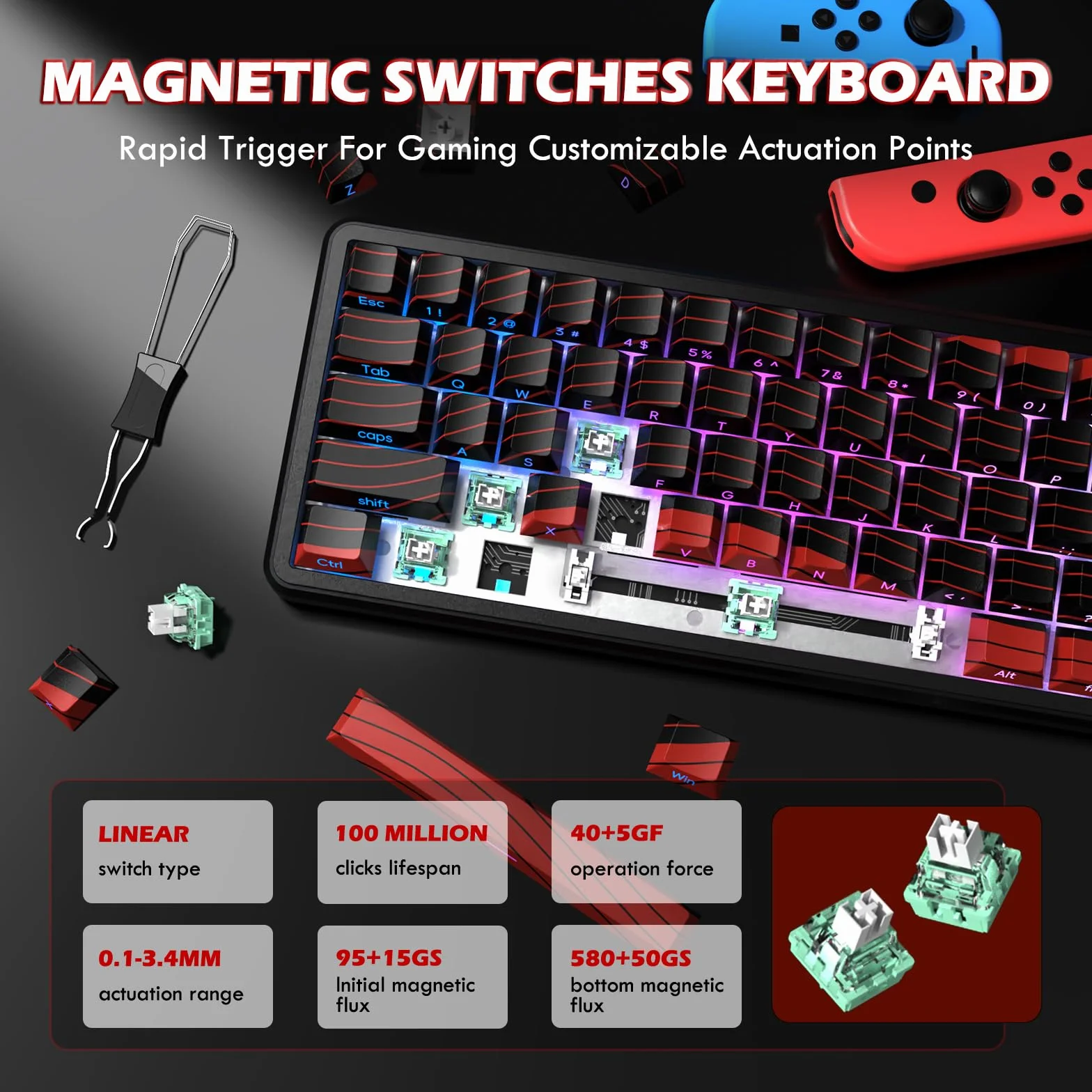MAMBASNAKE X ATTACK SHARK X65PRO HE Szybki Trigger Klawiatura z X11 Gaming Myszka Komplet, Magnetyczny Przełącznik, Dokładność RT 0.01mm 8 kHz, BT/2.4G/USB-C, Magnetyczna Stacja Ładowania - Czerwony