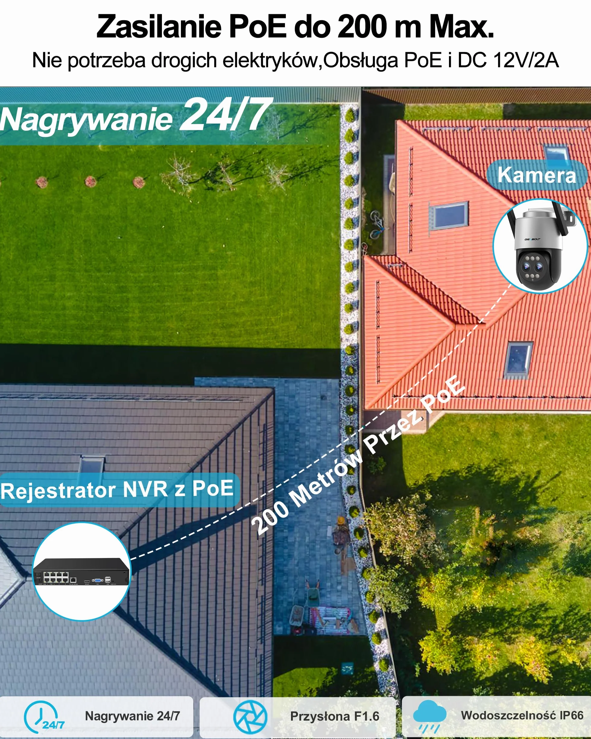 GENBOLT 2.5K Kamera PTZ WiFi do Użytku na Zewnątrz,Obsługująca POE, Podwójna IP 4MP Domowa Kamera Monitorująca,10-Krotny Zoom Hybrydowy,CCTV Kolorowy Tryb Nocny,Automatyczne Śoledzenie (2,4/5GHz)