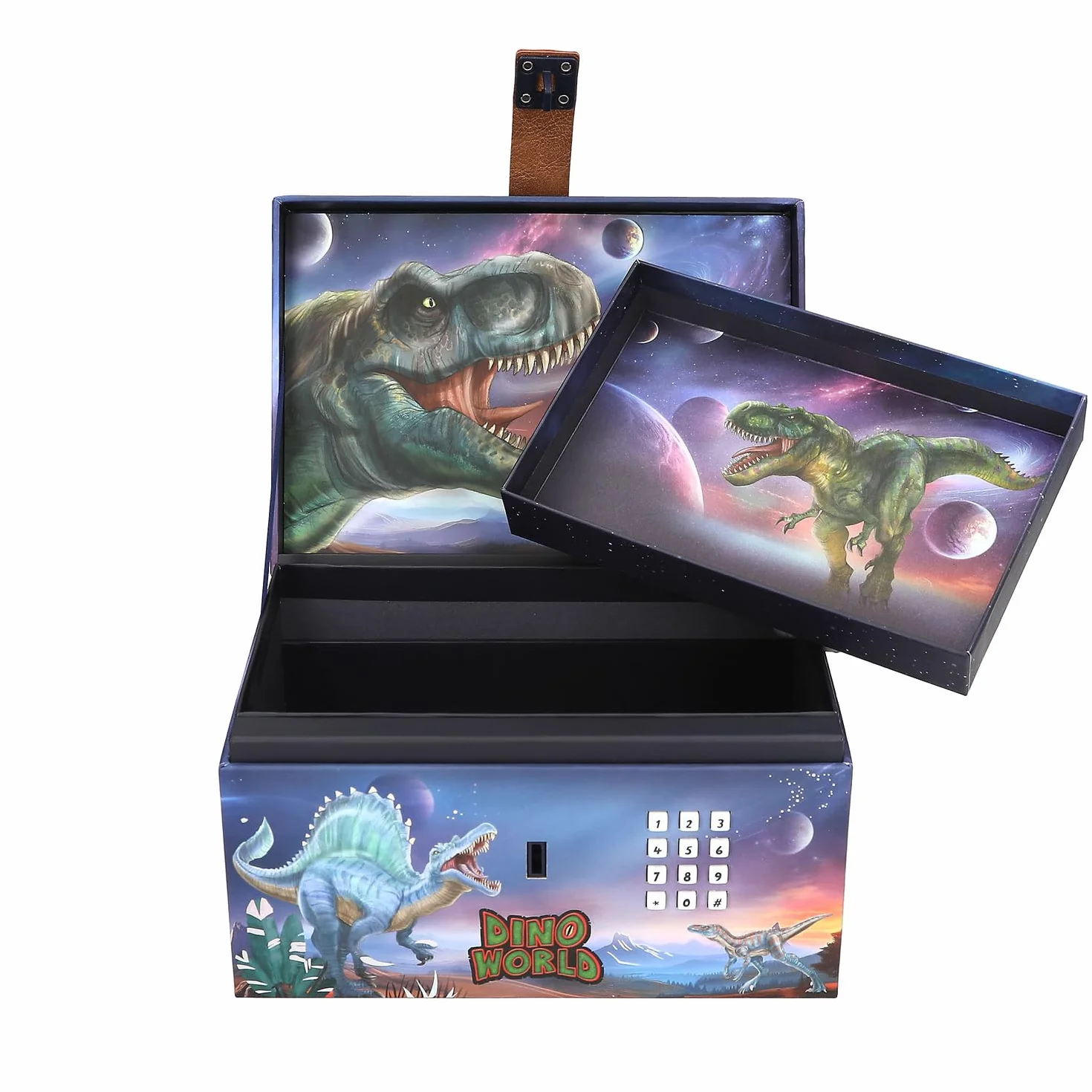 Depesche 13441 Dino World - skrzynia na skarby w kształcie dinozaura z planetami, schowek z kodem, dźwiękiem i światłem