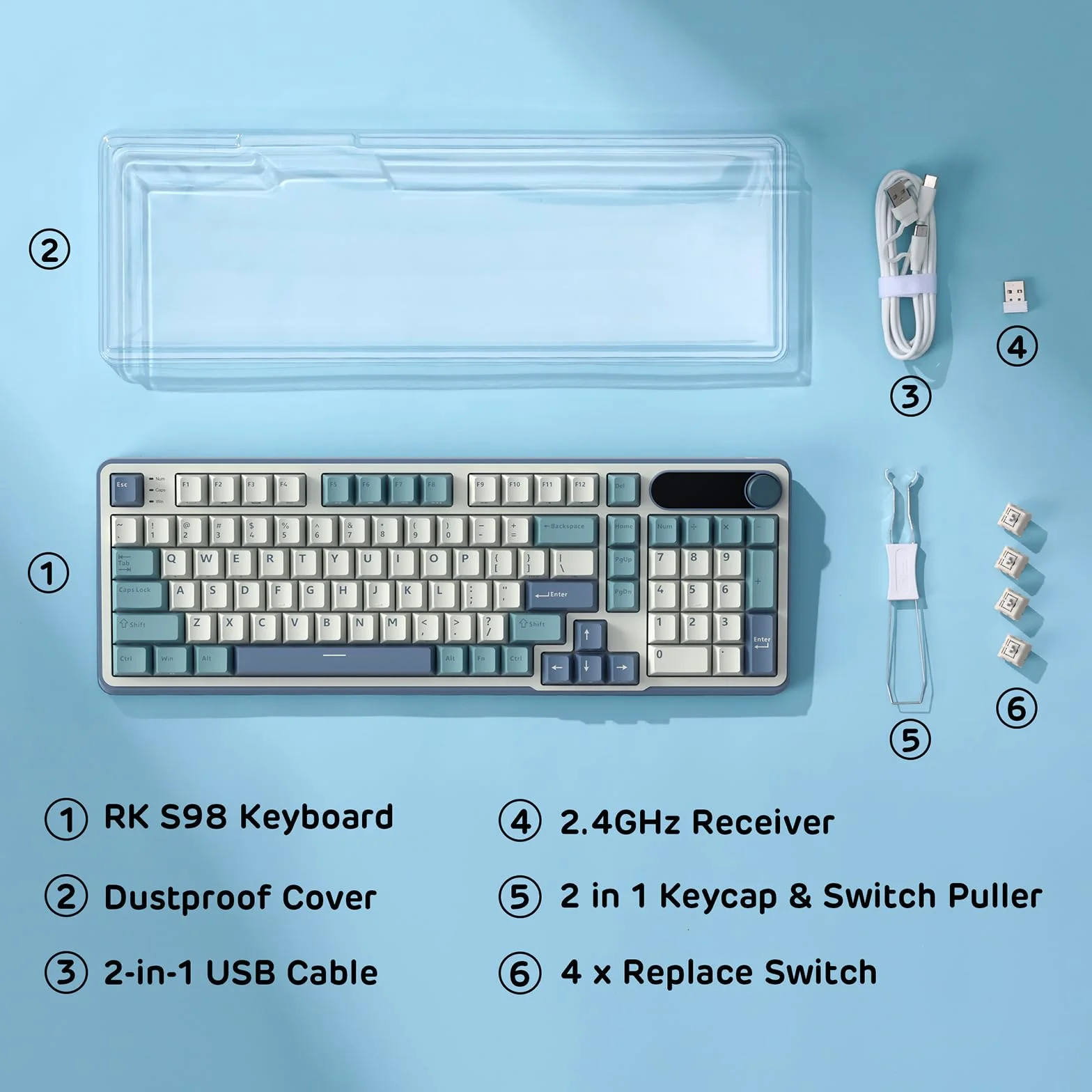 RK ROYAL KLUDGE S98 Klawiatura mechaniczna z inteligentnym wyświetlaczem i przyciskiem, 96% bezprzewodowa klawiatura BT/2.4G/USB-C, gorąca wymiana