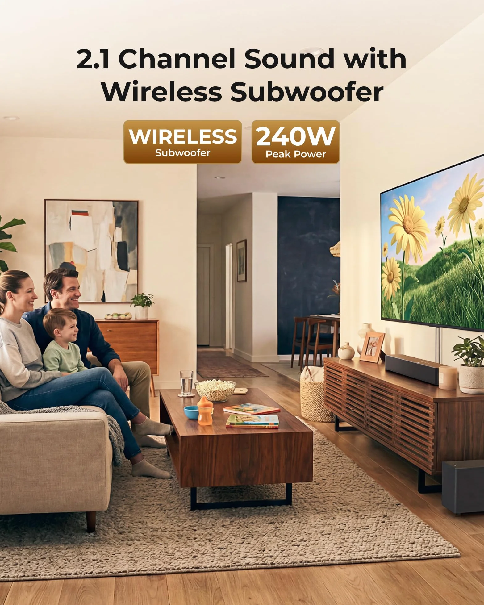 ULTIMEA 2,1ch SoundBar z bezprzewodowym subwooferem, VoiceMX i BassMX, sterowanie przez aplikację, listwa dźwiękowa 240 W, maksymalna moc, regulowane basy, HDMI, optyczne, Bluetooth 6.0, Poseidon M30