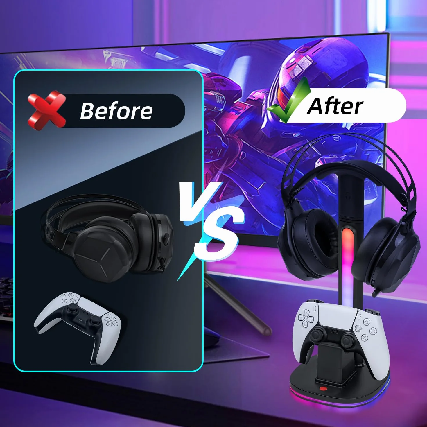 Mcbazel Stacja ładująca kontrolera PS5 ze stojakiem na słuchawki do gier RGB, szybka stacja ładująca z 2 portami USB do PS5 i kontrolera DualSense Edge, organizer na biurko RGB, czarny (nie dla PS5