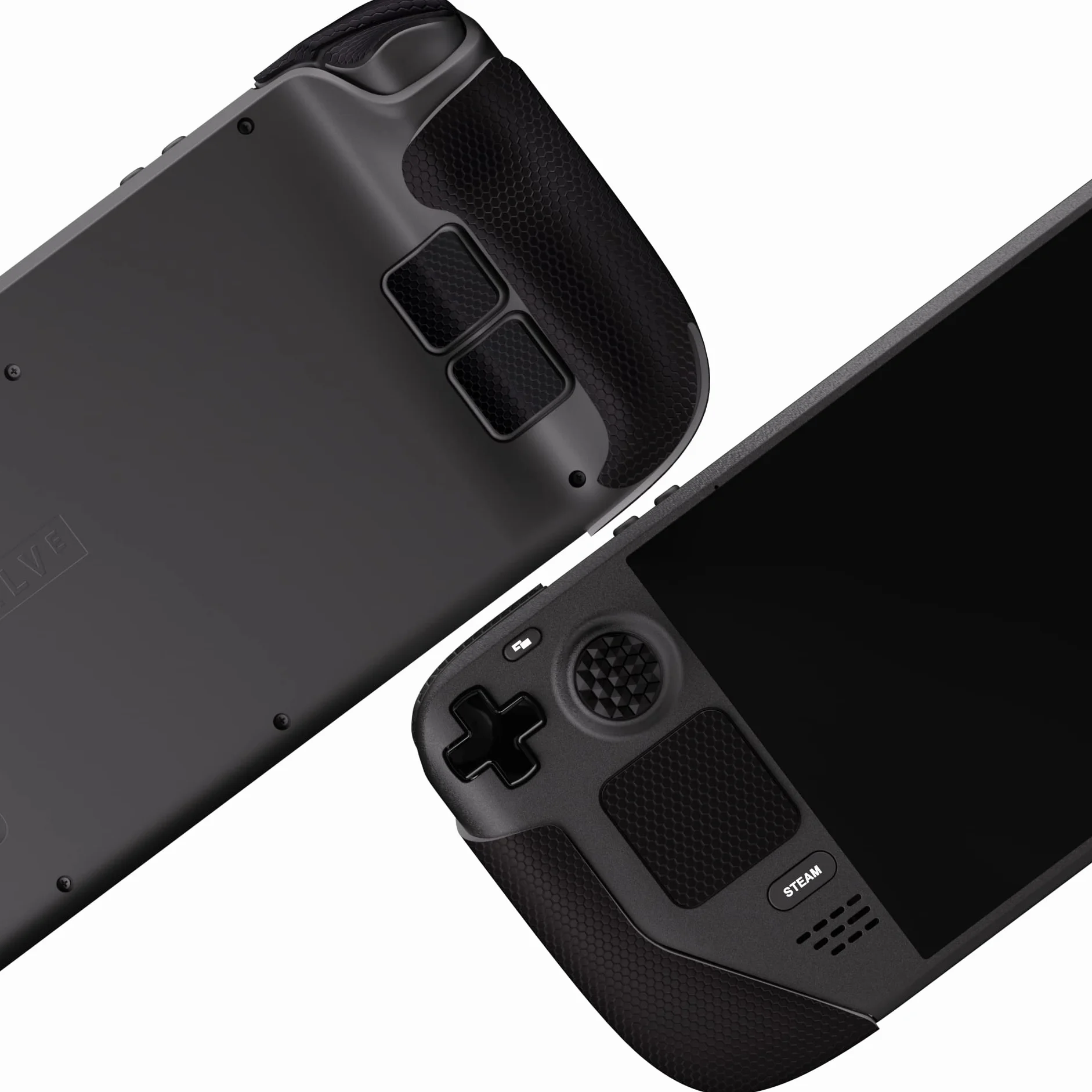 PlayVital Miękkie Gumowe Podkładki Pod Rękojeści do Steam Deck LCD,Naklejki Ochronne na Gładziki Skin Grip Enhancement Back Button do Steam Deck OLED z Nakładkami na Kciuki-Czarny(Honeycomb Textured)