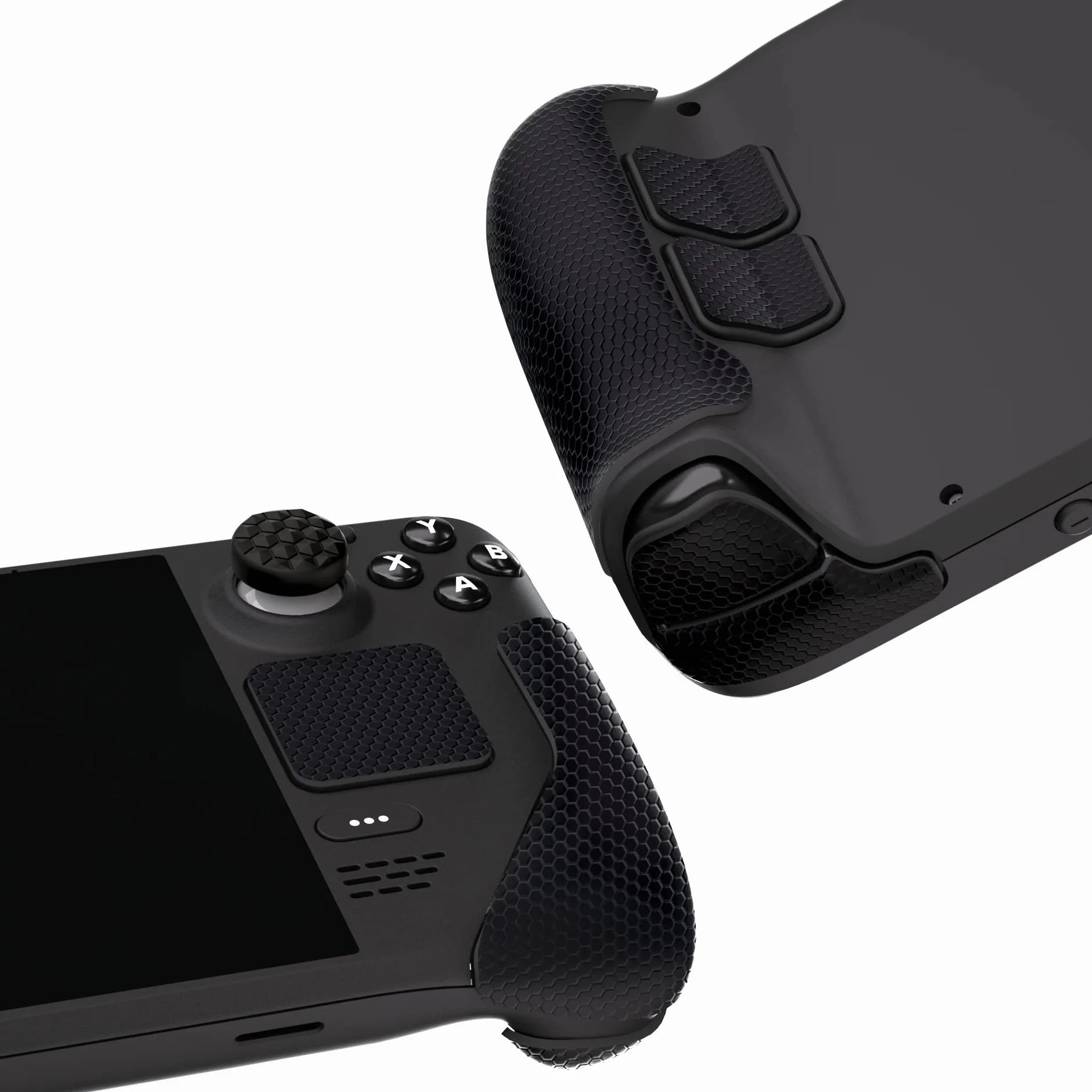 PlayVital Miękkie Gumowe Podkładki Pod Rękojeści do Steam Deck LCD,Naklejki Ochronne na Gładziki Skin Grip Enhancement Back Button do Steam Deck OLED z Nakładkami na Kciuki-Czarny(Honeycomb Textured)