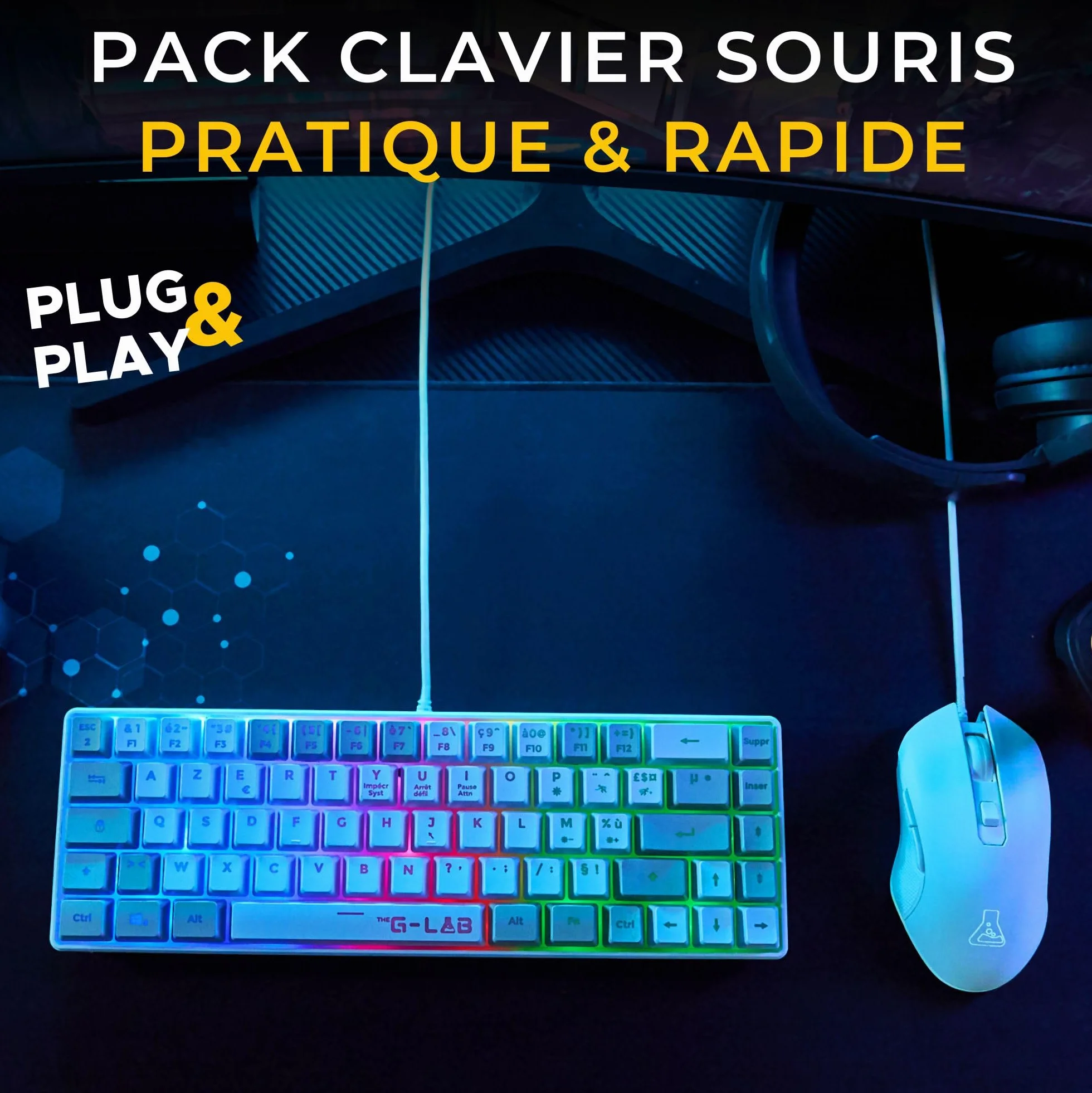 G-Lab Hydrogen Combo Pakiet klawiatury dla graczy 60% przewodowa gamingowa RGB Azerty FR + mysz 6200 DPI PC PS4 PS5