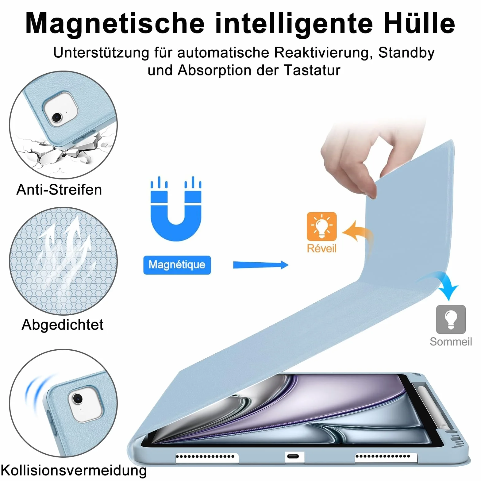SENGBIRCH Etui na klawiaturę do iPad Air 13" (M3 2025/M2 2024) - niemiecka klawiatura touchpada QWERTZ, zdejmowana bezprzewodowa klawiatura Bluetooth do iPad Air 13" (M2) 2024, jasnoniebieskie