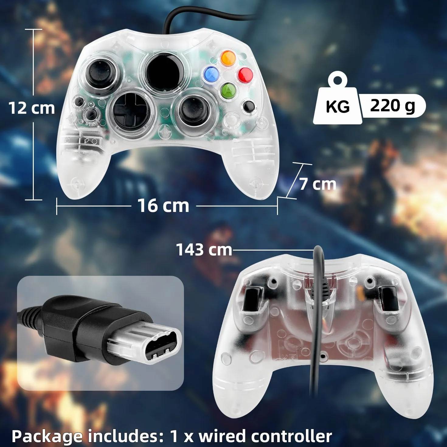 OSTENT Kontroler Przewodowy Typu S 2 A do Konsoli do Gier Wideo Microsoft Xbox Starej Generacji, Kolor Przezroczysty