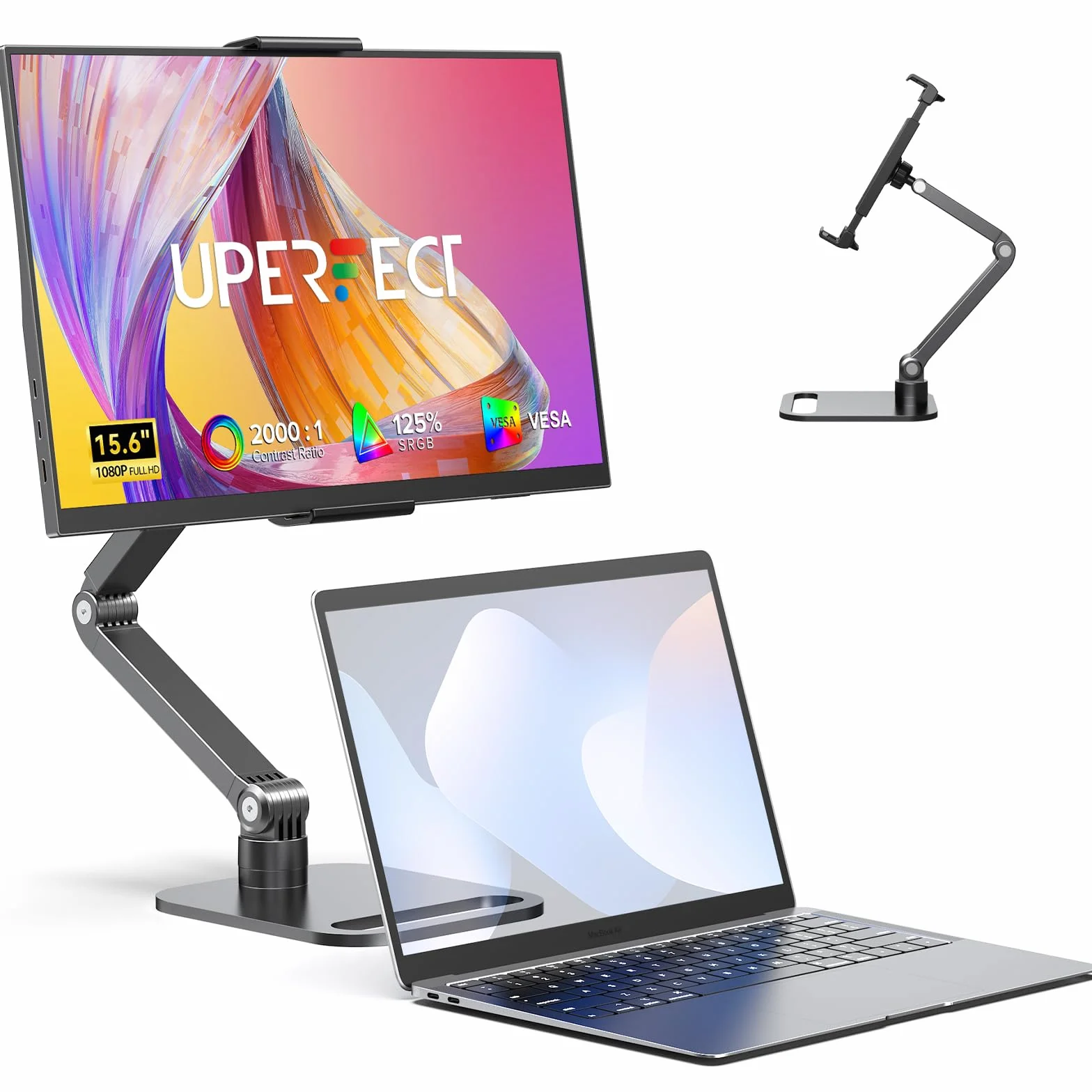 UPERFECT Przenośny Monitor 15,6" 125% sRGB Przenośny Monitor ze Składanym Stojakiem, 2000:1, HDR EyeCare FHD, Matowy, Ultra Cienki, Drugi Ekran do Laptopa/Komputera/Smartfona/Konsoli do Gier