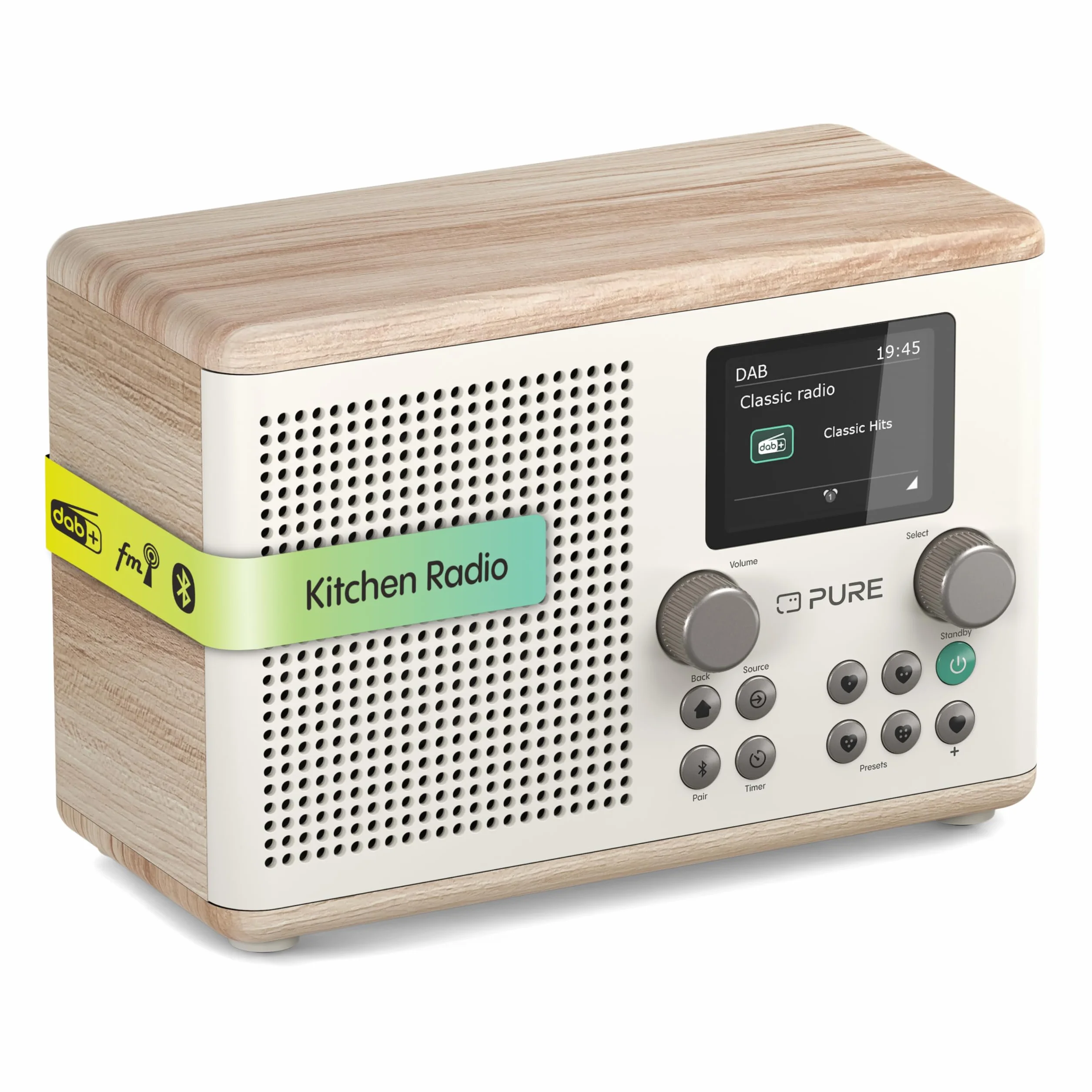 Pure Klasyczne cyfrowe radio kuchenne H4 (Dab+/FM, Bluetooth, USB, AUX, zegar kuchenny, alarm), biała bawełna/dąb