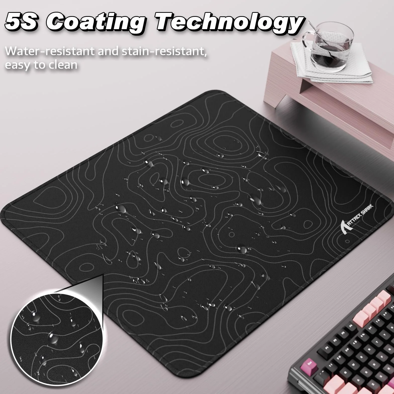 ATTACK SHARK CM02 eSports Gaming Mouse Pad, Wodoodporna Powłoka Duża Podkładka Pod Mysz, Tekstura Drobnego Piasku, Antypoślizgowa Podstawa, 450x400x4MM - Czarny Kontur