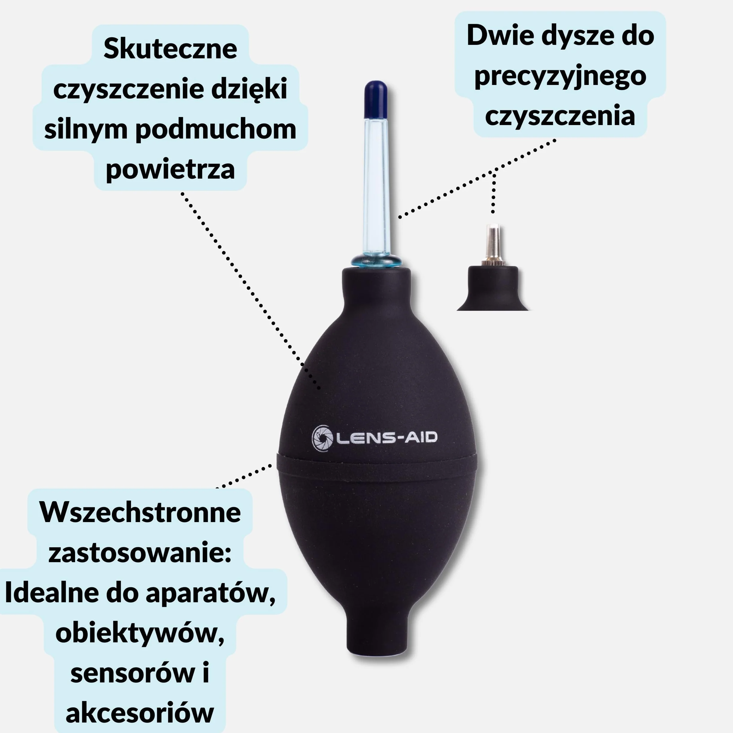 Lens-Aid Gruszka Powietrzna – Air Blower z 2 Dyszami i Gumową Końcówką – Do Czyszczenia Sensora, Obiektywu, Ekranu, Klawiatury – Mocny Strumień Powietrza, Bezpieczne Czyszczenie Sprzętu