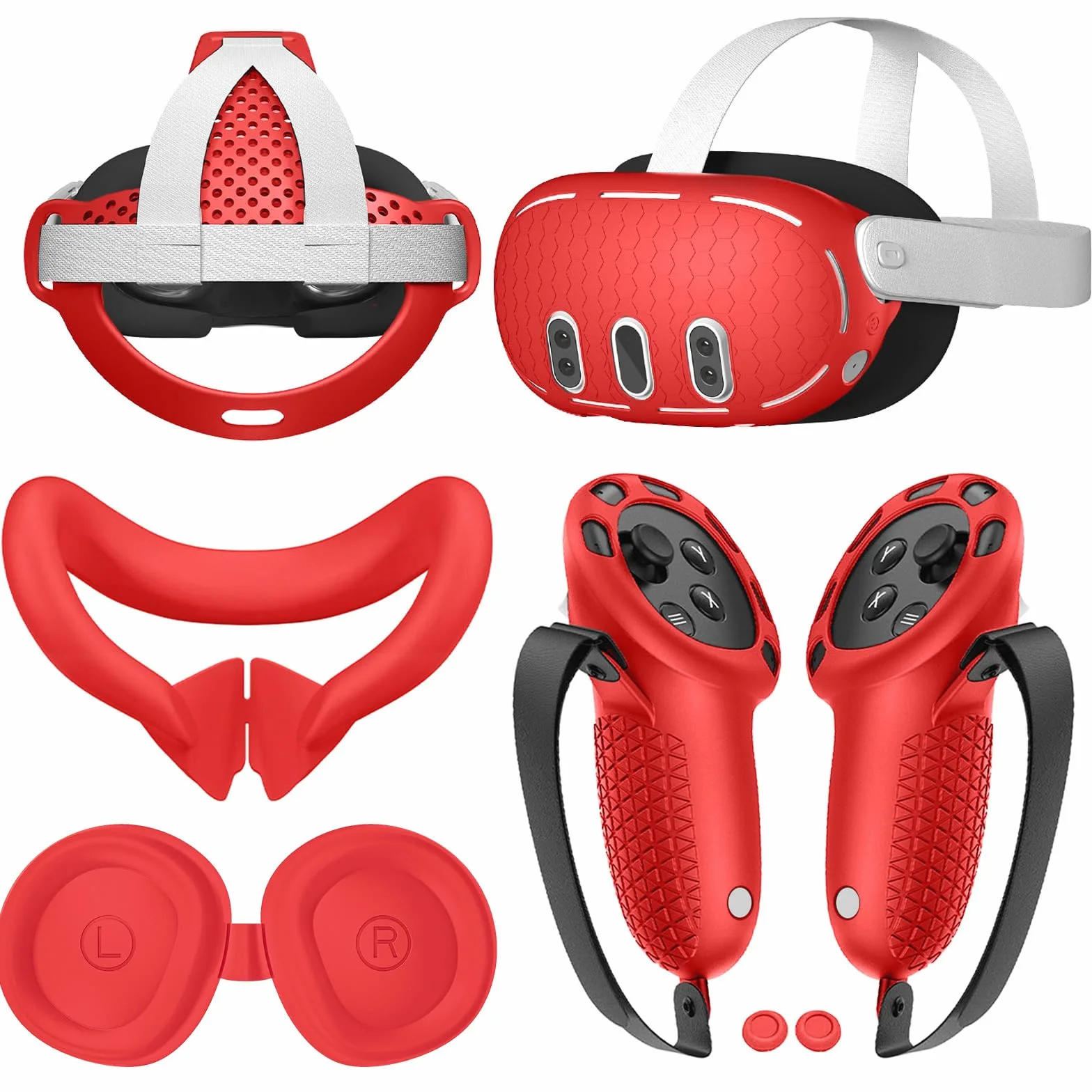 6 szt. Zestaw etui ochronnych Osłona powłoki Osłona uchwytu kontrolera Osłona twarzy Osłona obiektywu Osłony joysticka dla Oculus/Meta Quest 3 (czerwone)