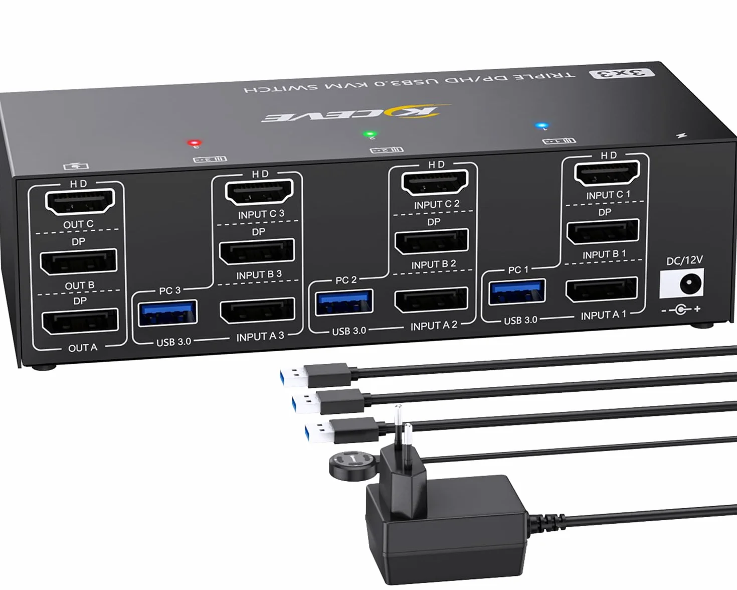 KVM przełącznik 3 PC 3 monitory 8K 60 Hz 4K 144 Hz, potrójny monitor HDMI + 2 Displayport KVM przełącznik do 3 części PC, 3 monitorów i 4 urządzeń USB 3.0, z zasilaczem 12 V DC, przewodowym pilotem