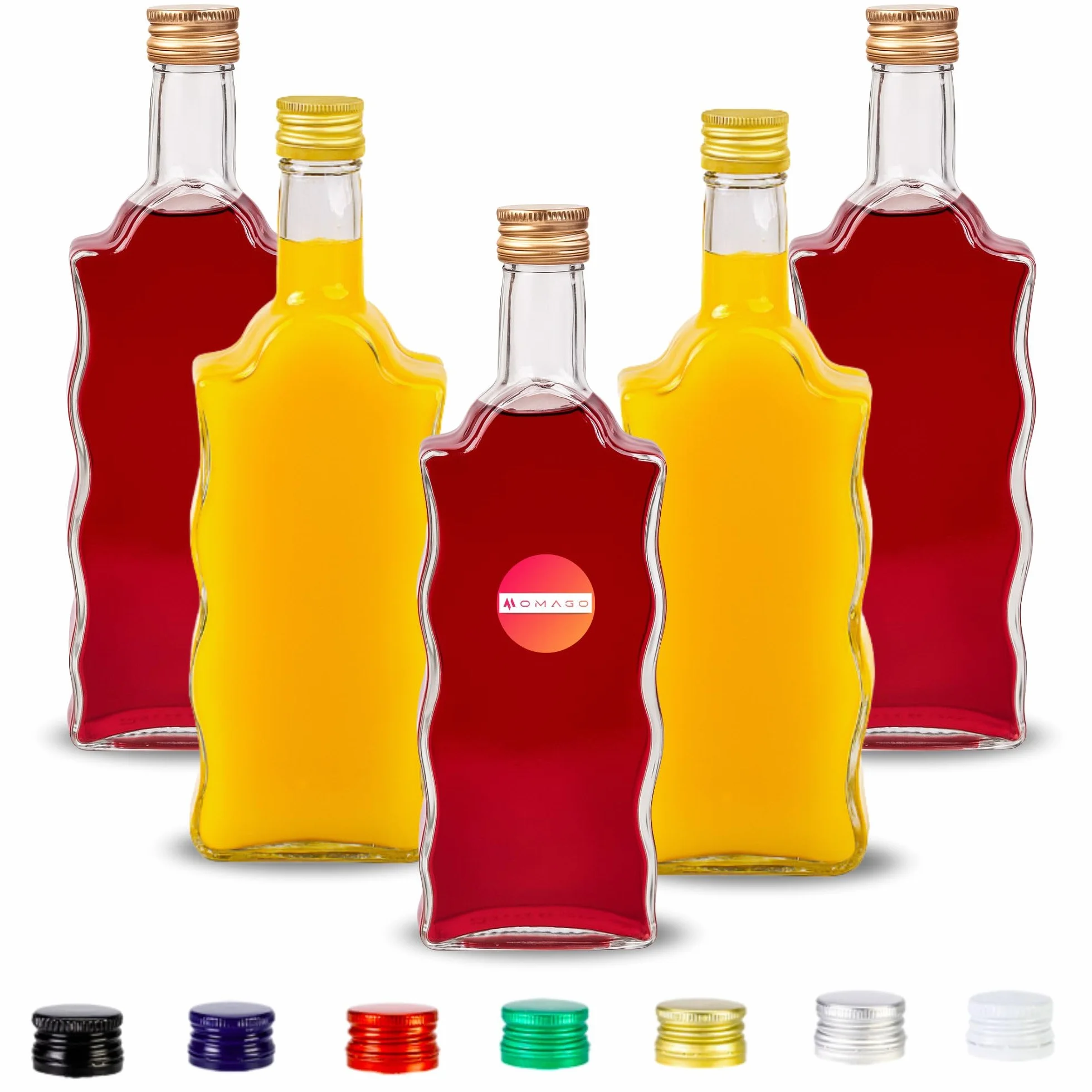 OMAGO® Zestaw 5 sztuk butelek, szklane butelki na soki, nalewki, wino, sznklane opakowanie z zakrętką, 5x, butelki, 0,5L, wysoka jakość