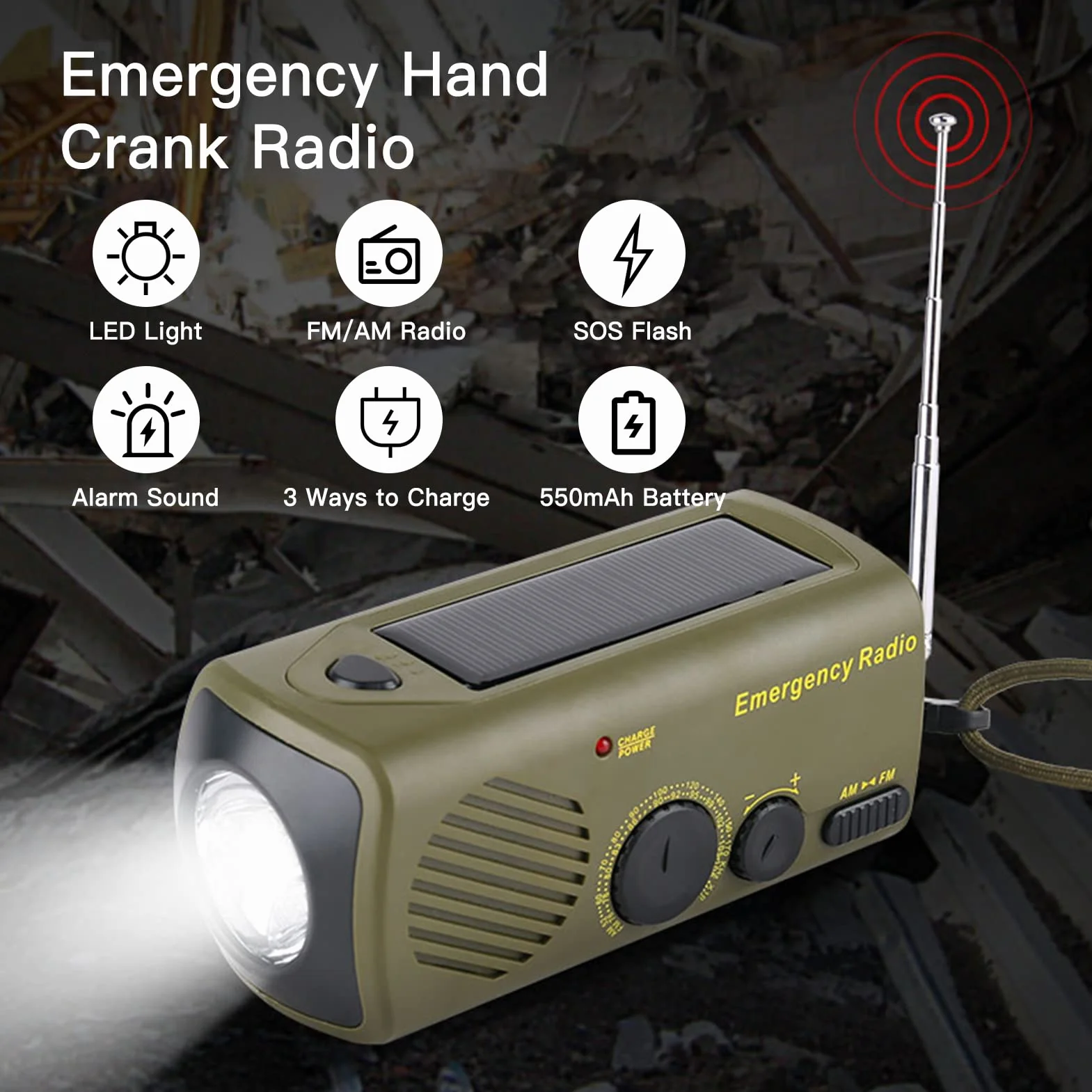 Lixada Radio awaryjne, przenośne, przenośne, korba ładująca solarne, radia USB z latarką, SOS Slarme, AM/FM, ładowarka do telefonu komórkowego