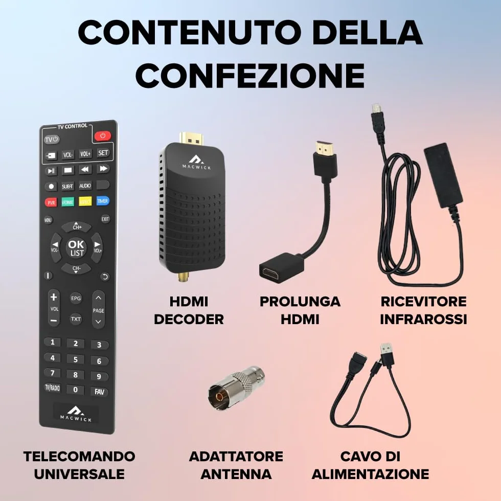 Macwick Dekoder telewizji cyfrowej DVB-T2 tylko naziemny 2025-2026 BEZ TV-SAT, 1080P H265 HEVC, HD HDMI USB połączenie funkcja PVR, niewidoczne nano, pilot na podczerwień 2 w 1, sprawdź kompatybilność