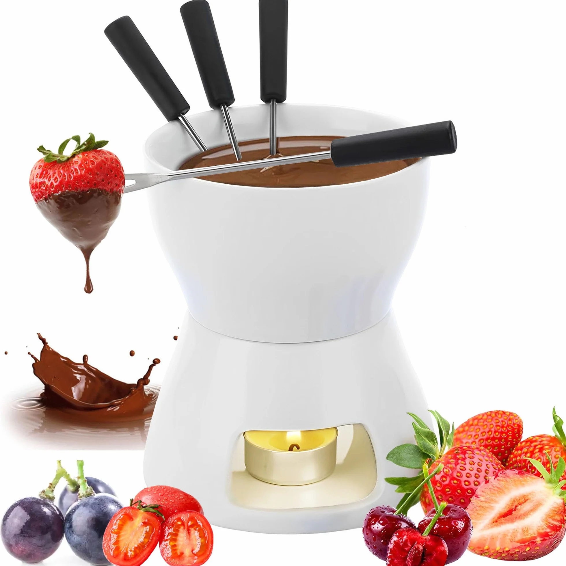 Zestaw garnków do czekoladowego fondue, kompletny zestaw do serowego fondue ze świecą i 4 widelcami, mini garnek do czekoladowego fondue, porcelanowy garnek do topienia, do domu,Biały