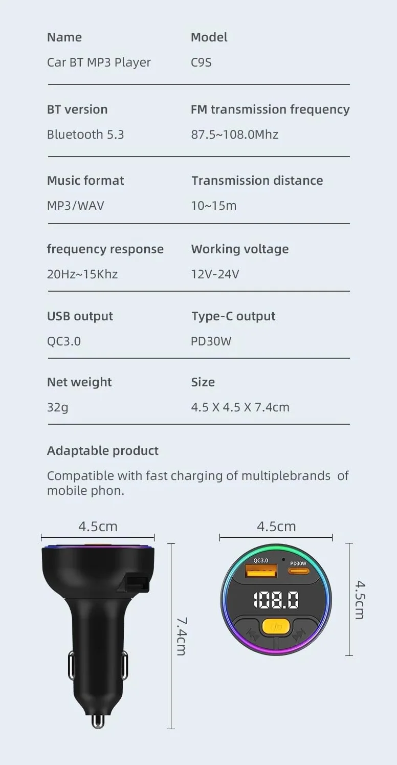 Nadajnik FM do szybkiego ładowania telefonu, Bluetooth 5.3, zestaw samochodowy, odtwarzacz MP3 QC3.0 + PD30W szybka ładowarka FM