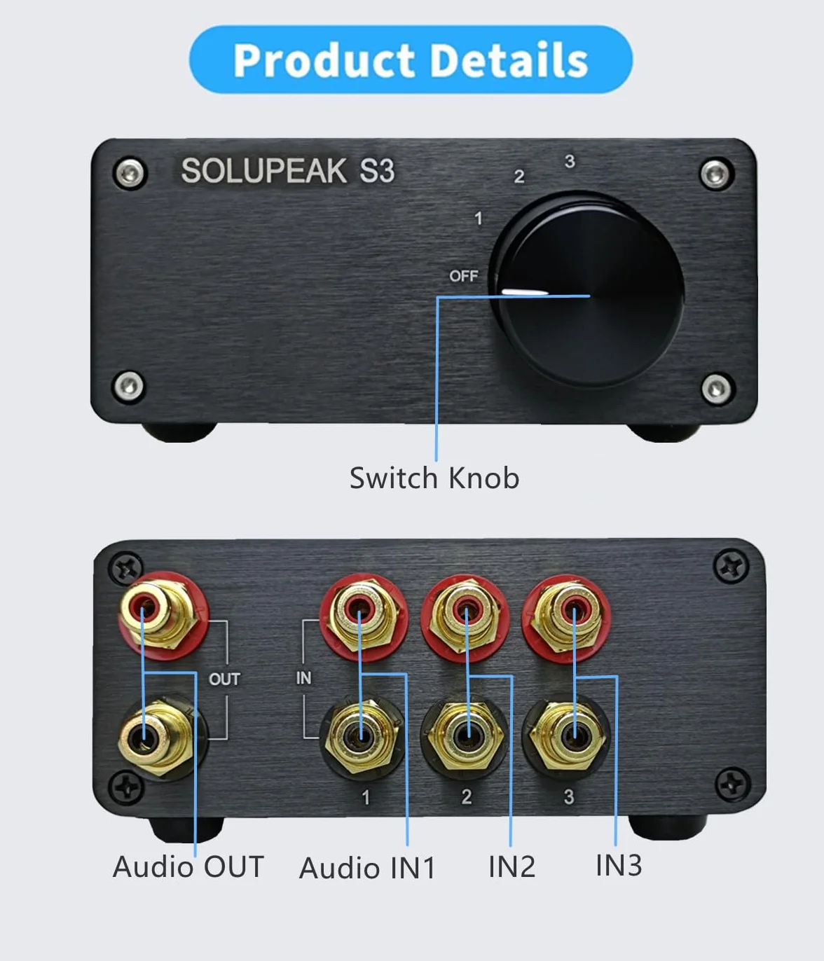 Premium 3 w 1 Out RCA Switch Box, pasywny selektor źródła sygnału stereo, rozdzielacz przełącznika audio (czarny)