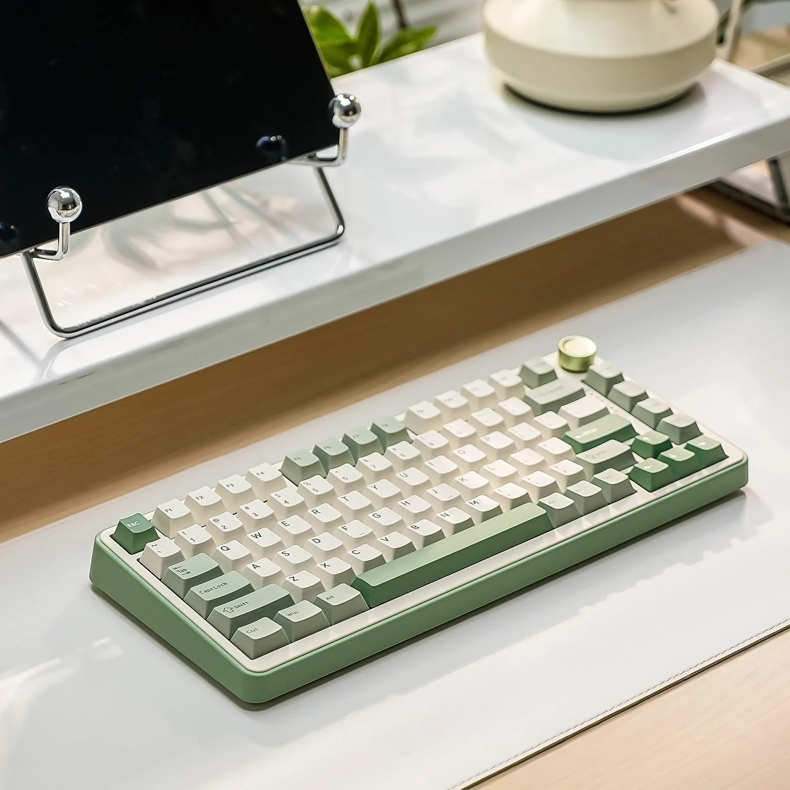 YUNZII B75 PRO Bezprzewodowa Klawiatura Mechaniczna,75% Uszczelka Klawiatury Do Gier Hot Swap Keyboard Z Pokrętłem, BT/Type-C/2.4G Kremowa Klawiatura (zielony, Cocoa Cream V2 Switch)