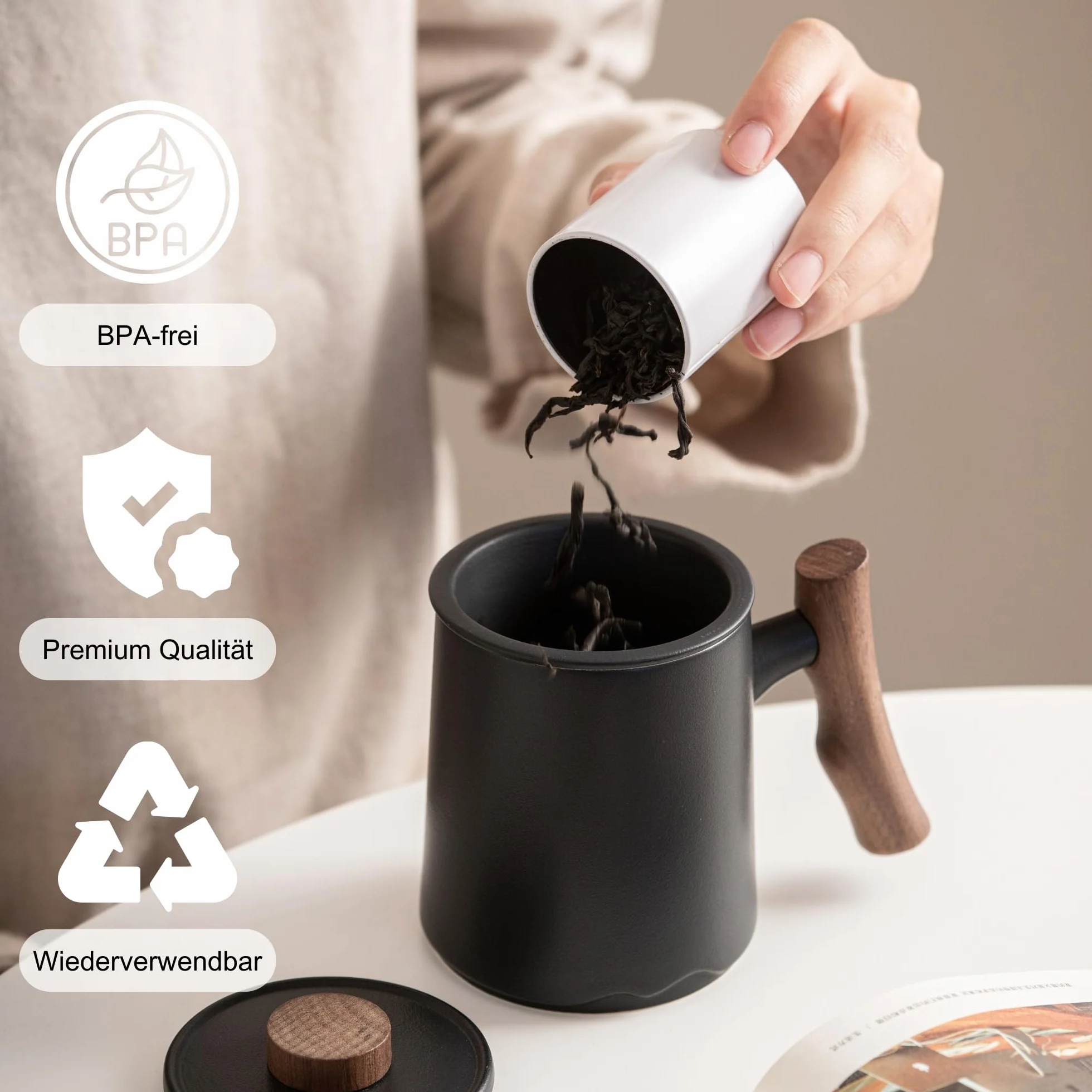 JanYoo Filiżanka do Herbaty z Pokrywką i Sitkiem, 360 ml, Uchwyt z Palisandru, Ceramiczna, Matowa, Kamionkowa, Glazurowana, Czarna
