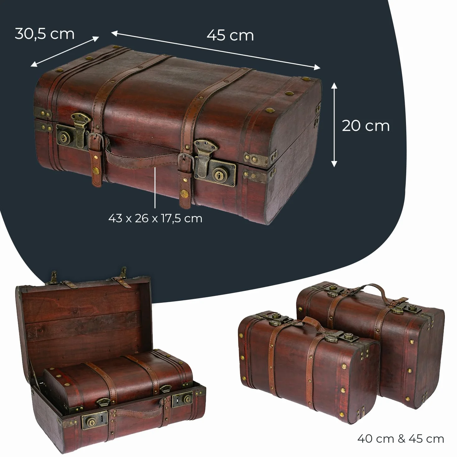 HMF 6412-145 Drewniana skrzynia na skarby, walizka w stylu vintage, duża, Peru, 45 x 30,5 x 20 cm