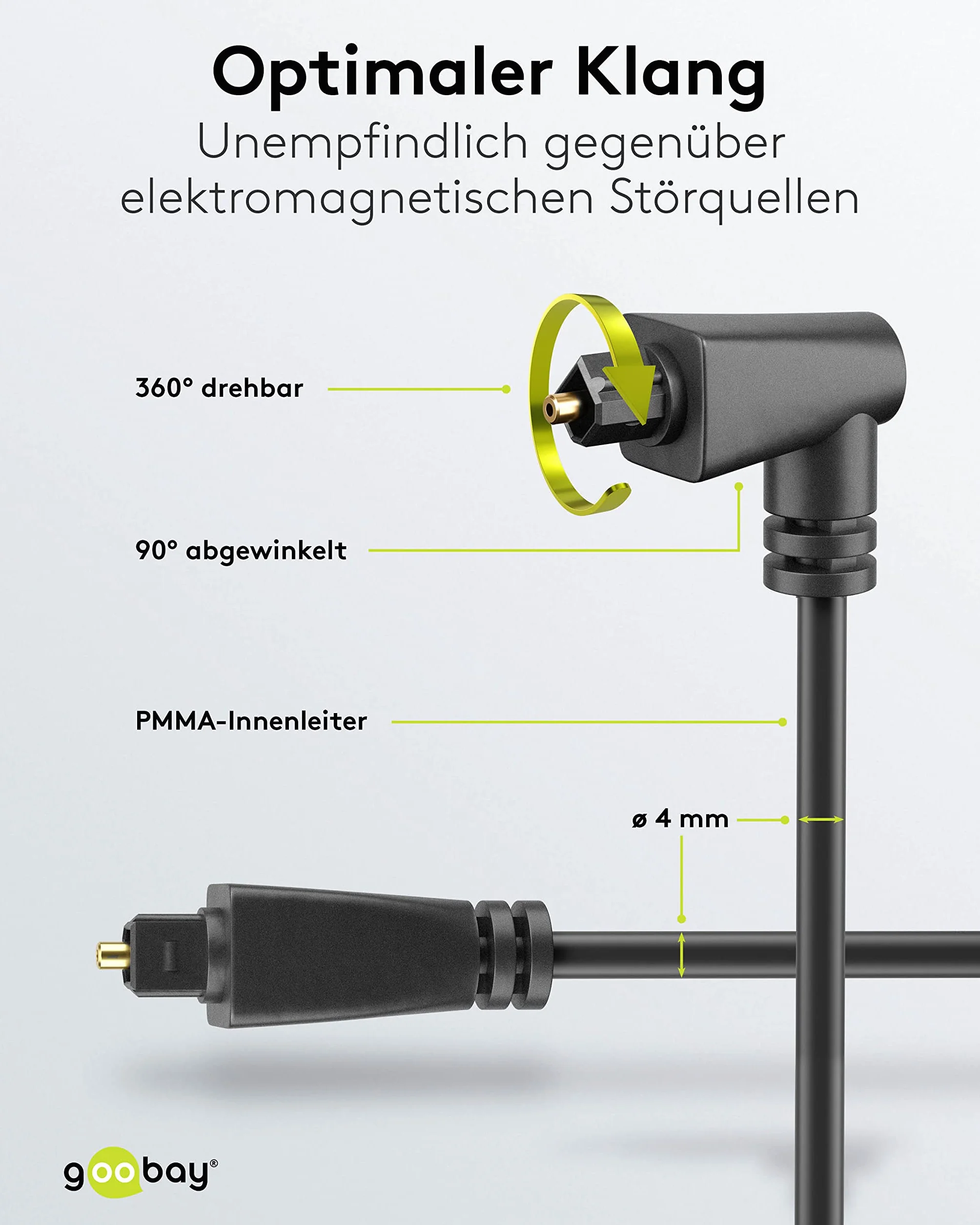 Goobay 41595 Toslink kabel wygięty pod kątem 90° (wtyczka obracana o 360°), 2 metry, kabel światłowodowy jednostronnie wygięty, cyfrowy kabel audio o najlepszej jakości audio