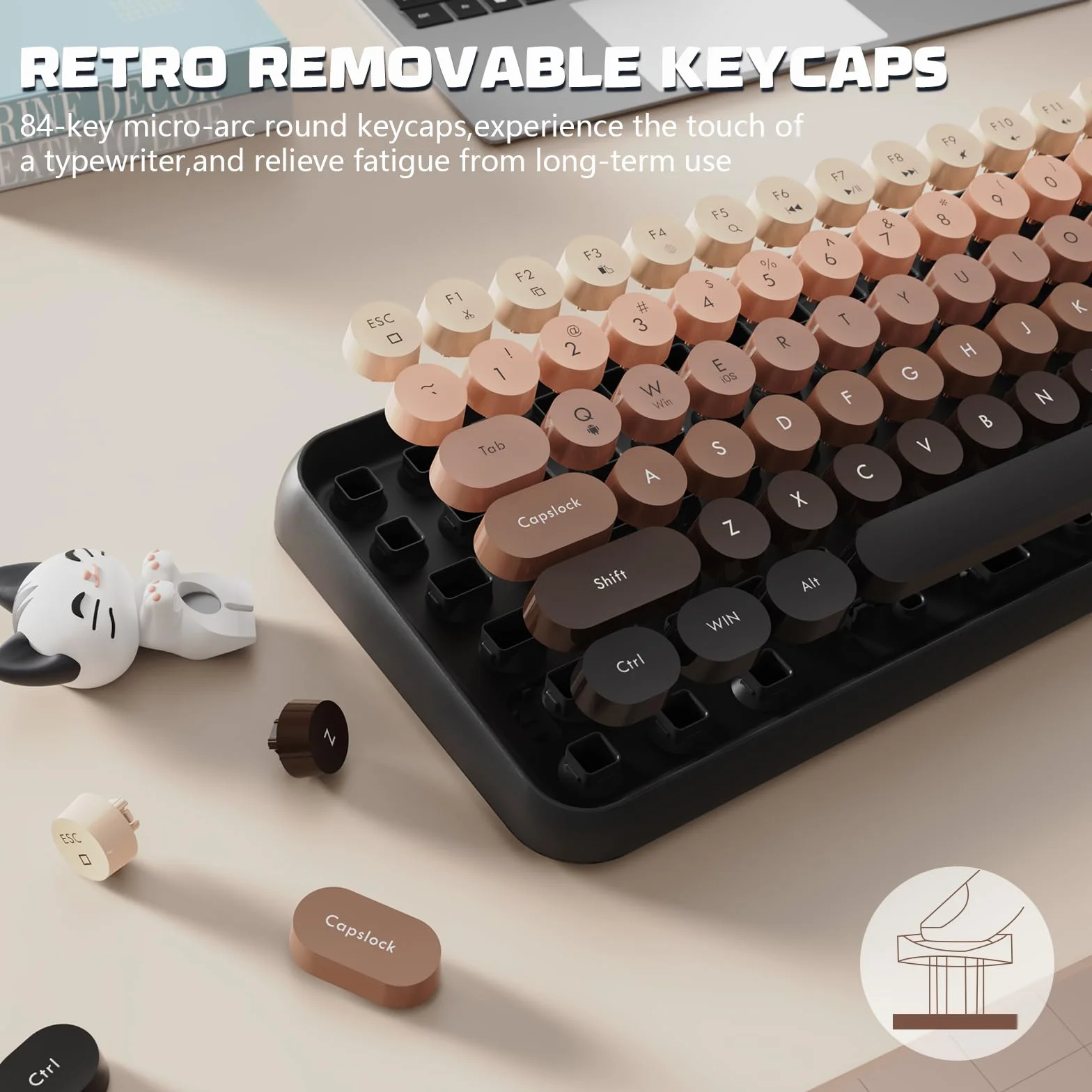 Hoopond X AJAZZ 308i Bezprzewodowa klawiatura Bluetooth,Uroczy Mini 84-klawiszowy kompaktowy układ z magnetyczną lalką kota,Nakładki na klawisze ABS Retro okrągłe do komputerów PC,Laptopy-Brązowy