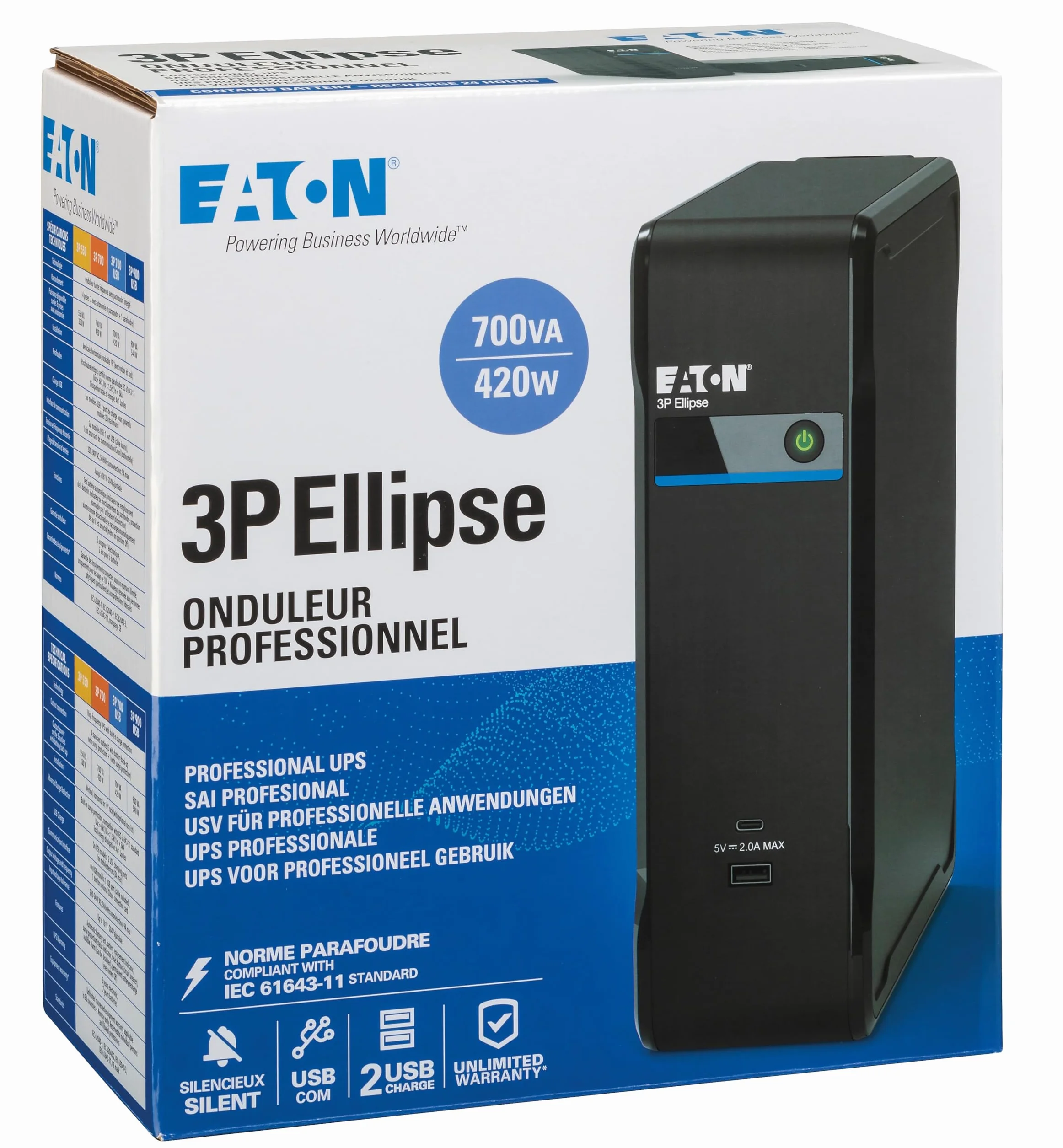 Eaton UPS 3P Ellipse (3P700UF) - zasilacz bezprzerwowy Off-Line - 700 VA/420 W - 4 gniazda FR (3 baterie + tylko przepięcie i 1 przepięcie) - 2 porty ładowania (USB-A i USB-C) - interfejs USB - cichy
