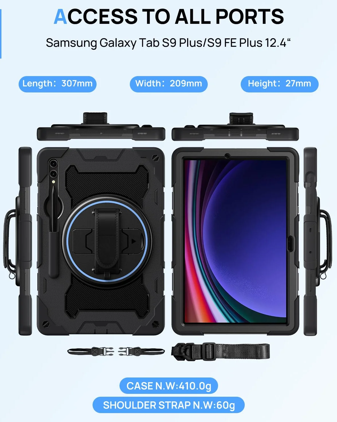 Gerutek Etui do Samsung Galaxy Tab S10 Plus/S9 FE Plus 12,4 Cala, Wytrzymałe, Odporne na Wstrząsy Etui z Obrotowym Podparciem 360 i Paskiem na Ramię do Tab S9+/FE+, Czarne