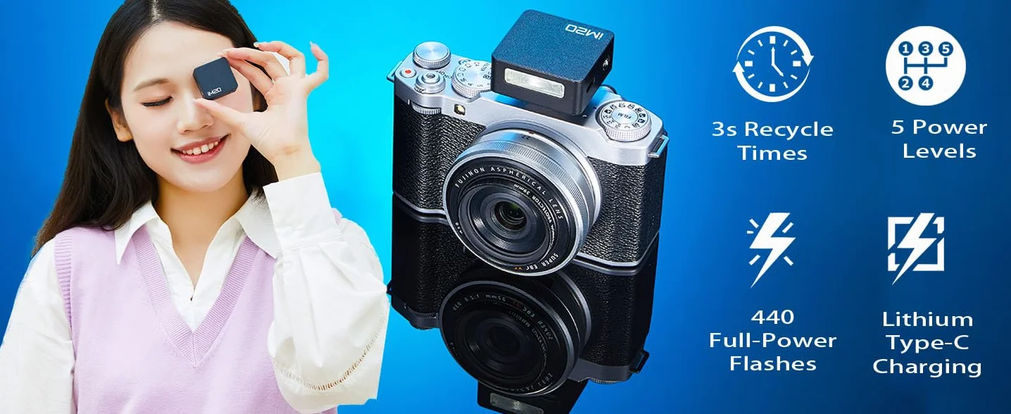 Godox IM20 mini lampa błyskowa, manualny speedlite z 5 poziomami mocy, do 440 błysków przy pełnej mocy, kompatybilna z Ricoh GR III/GR III X, Canon, Sony, Nikon, Fujifilm i Pentax