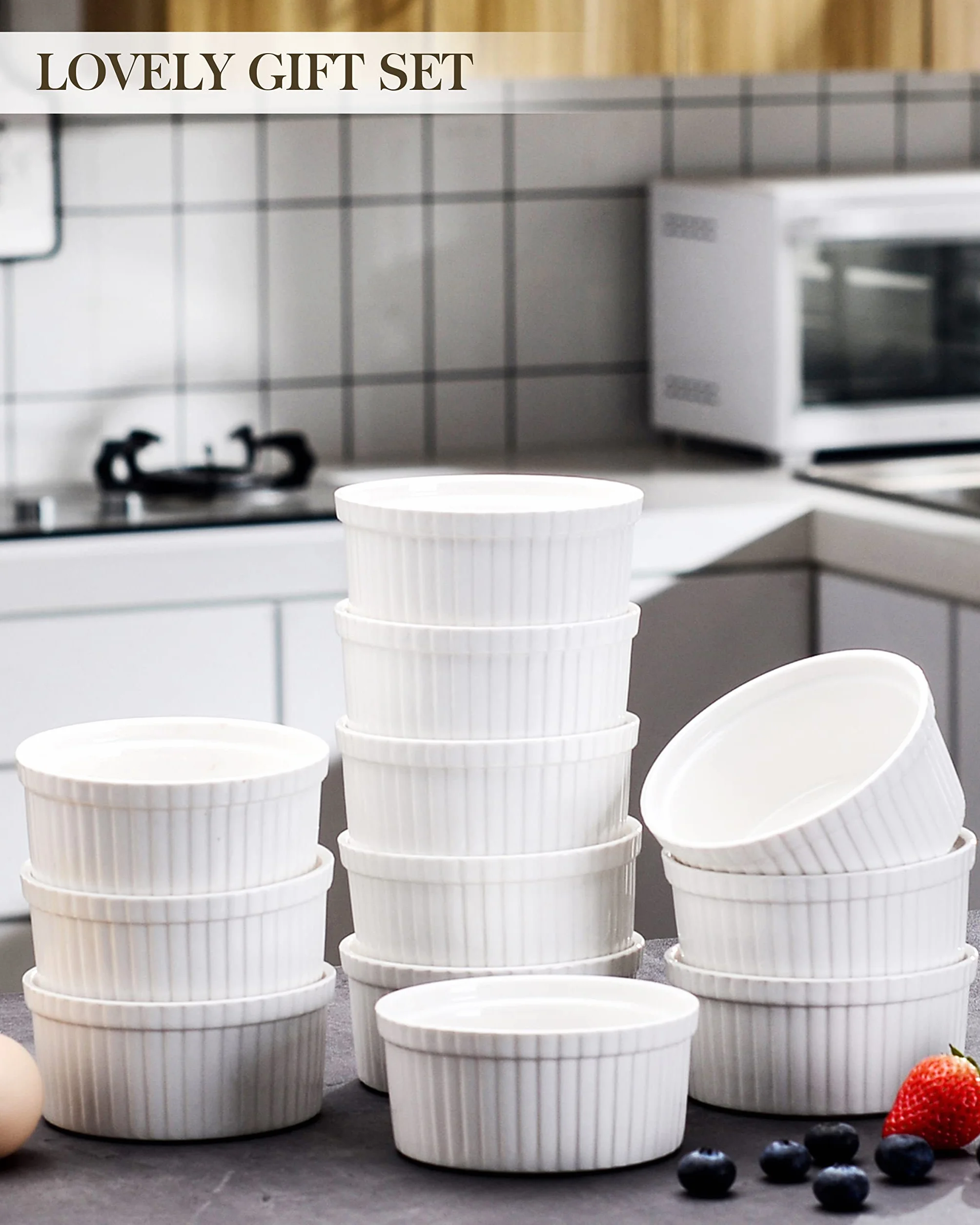 MALACASA Zestaw 12 misek 350 ml porcelanowe naczynia do sufletu ramekins kremowe białe kość słoniowa