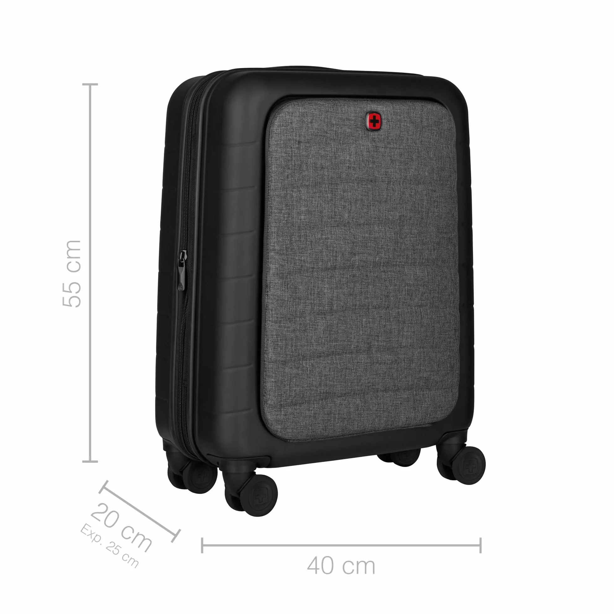 WENGER Syntry 610163 bagaż podręczny na kółkach z kieszenią na laptopa i tablet, notebook do 14", tablet do 10", 36 (44) l, twarda obudowa, dla kobiet i mężczyzn, podróże służbowe, urlop, czarny/szary