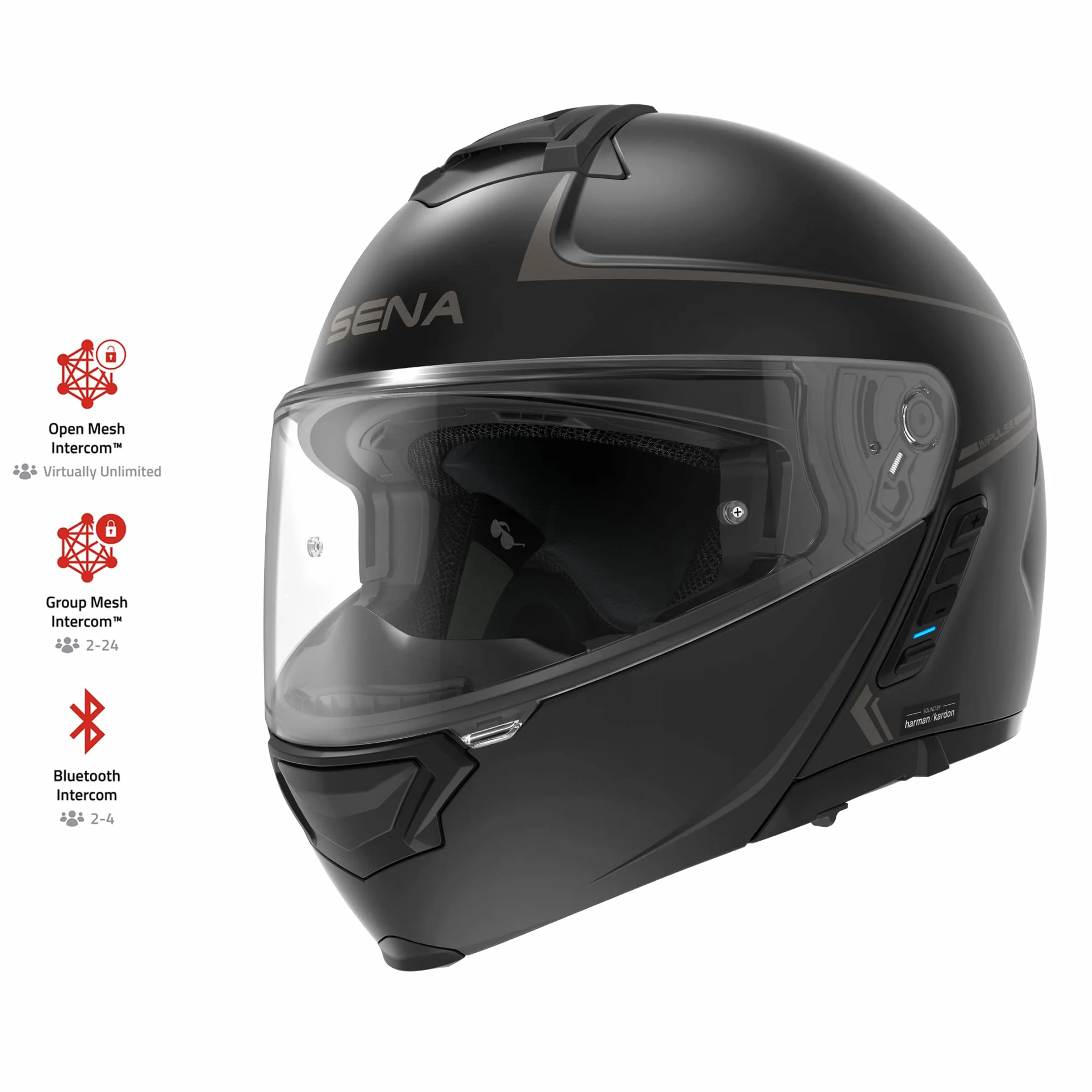 Sena Impulse Flip Up modułowy kask Bluetooth z dźwiękiem firmy Harman Kardon podwójny daszek kask ze zintegrowanym siatkowym systemem domofonowym, MP3, tarcza głosowa (