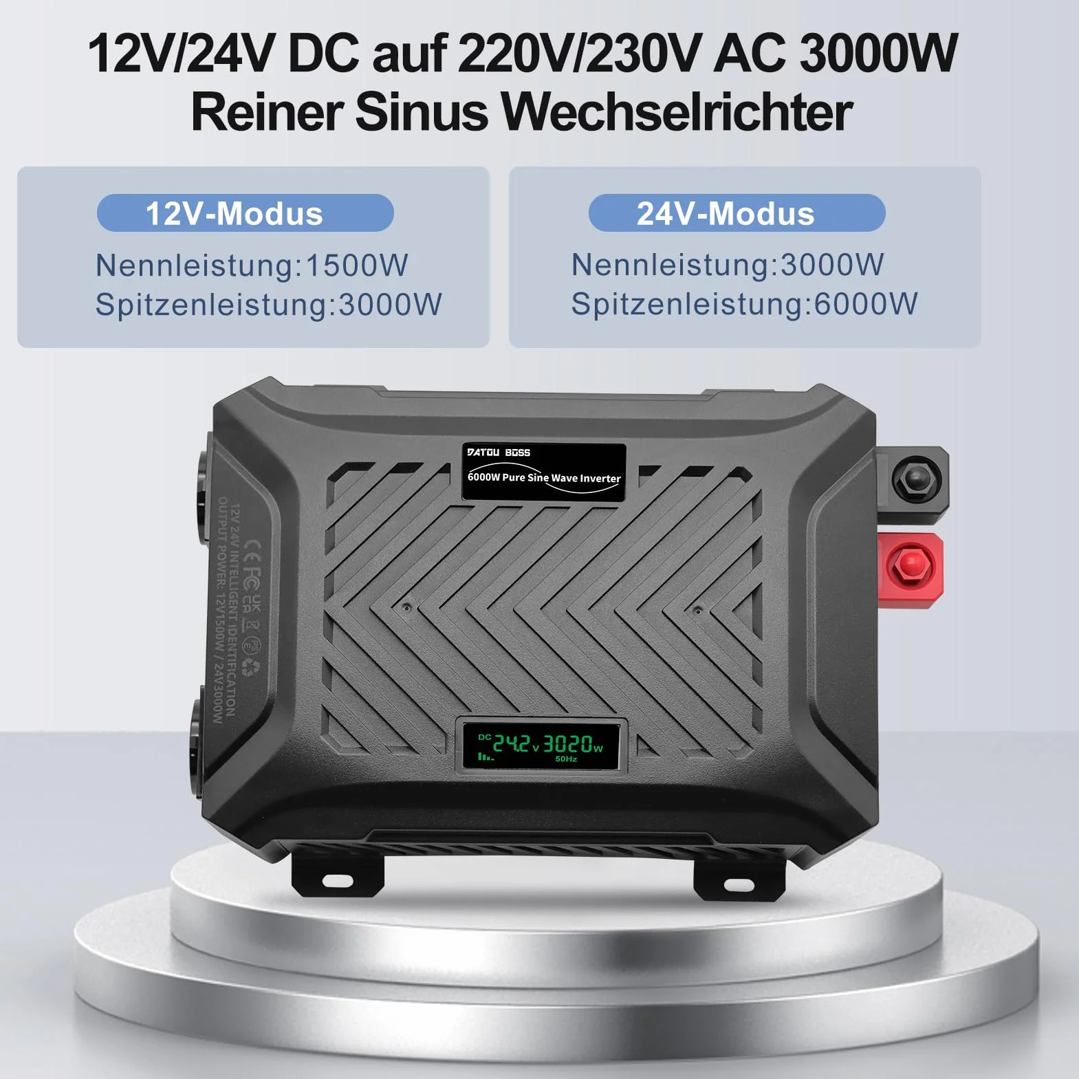 DATOUBOSS Przetwornica napięcia 12 V/24 V na 230 V 1500 W/3000 W, falownik czysty sinus 3000 W/6000 W, moc szczytowa, z inteligentnym systemem rozpoznawania, wyświetlaczem LCD, 2 gniazda EU
