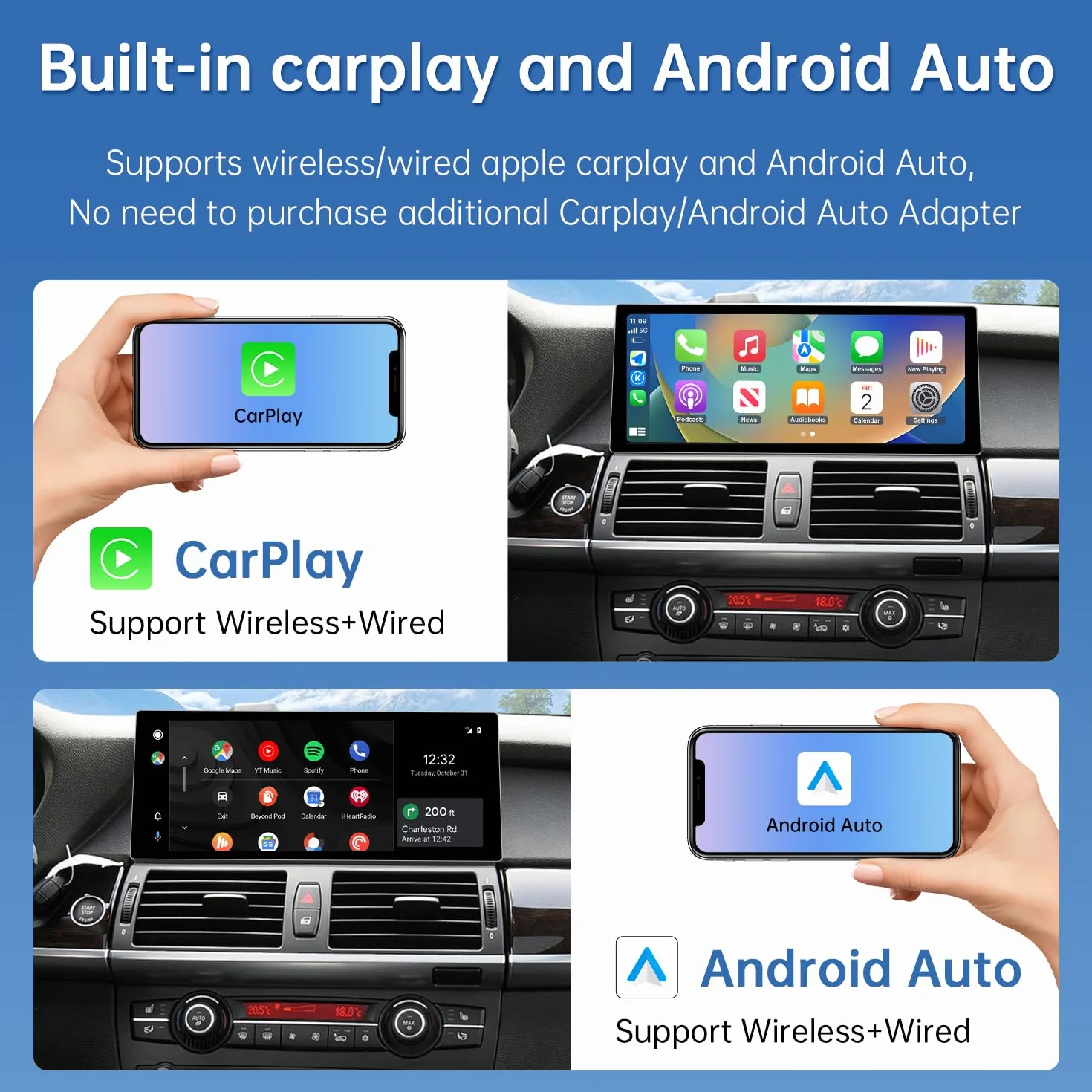 Road Top Ekran CarPlay, 12,3-calowe radio samochodowe stereo dla BMW X5/X6 serii E70/E71 z systemem CIC (2009-2014 rok), radio samochodowe z wąską ramką dla CarPlay/Android Auto/MirrorLink