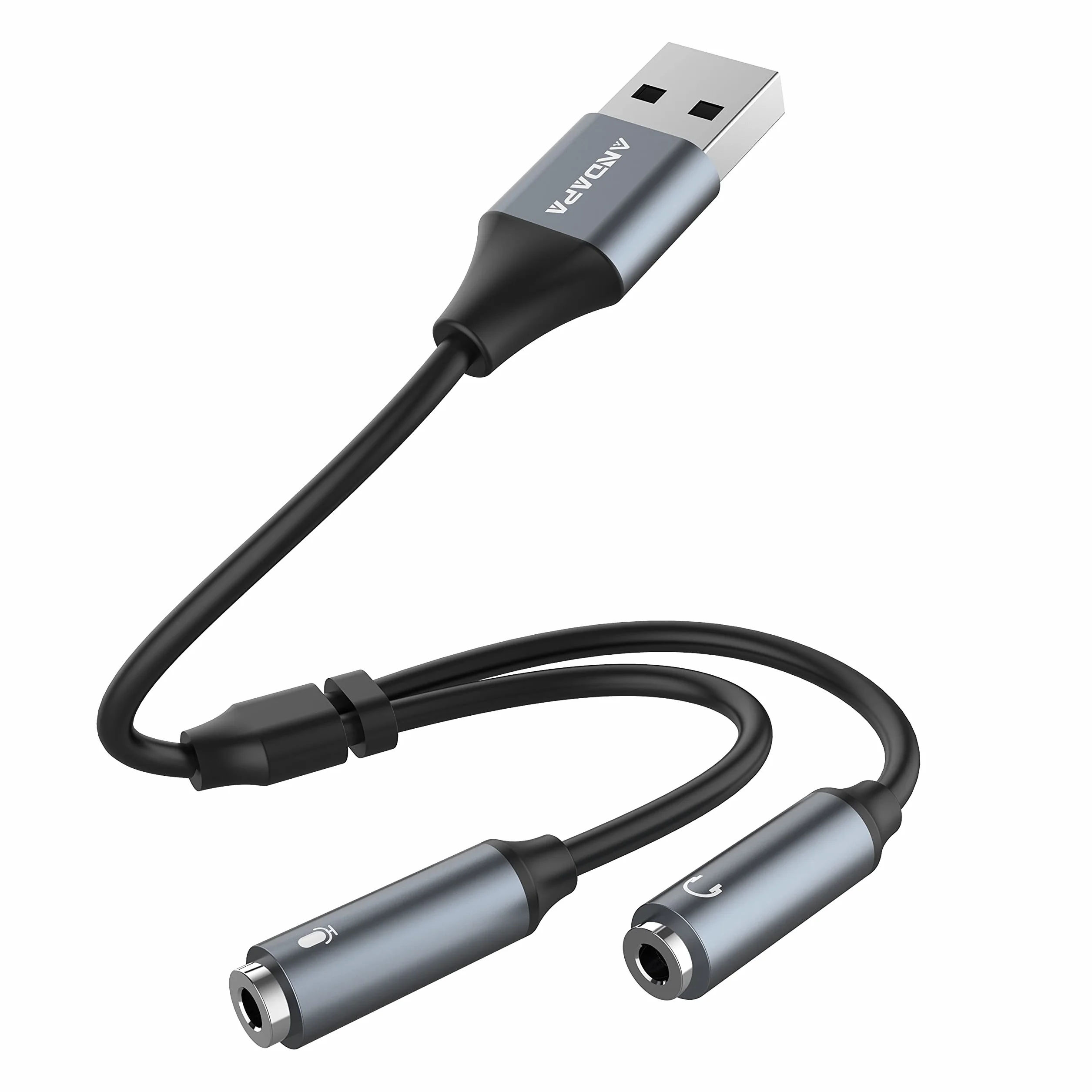 ANDAPA Adapter zestawu słuchawkowego USB, adapter audio USB, stereo, zewnętrzna karta dźwiękowa z gniazdem słuchawkowym 3,5 mm i mikrofonem do systemu Windows, Mac, Linux, laptopów, komputerów